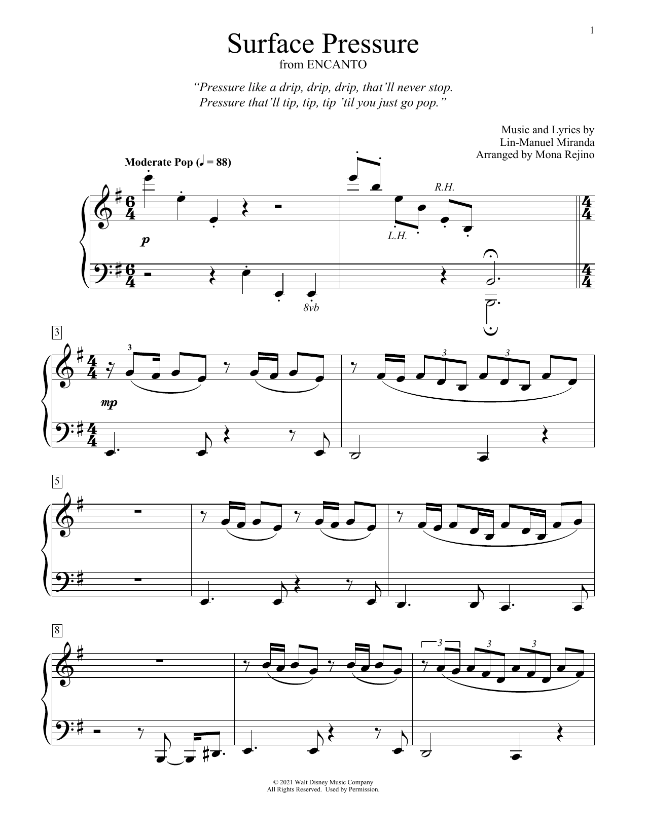 Download Lin-Manuel Miranda Surface Pressure (from Encanto) (arr. Mona Rejino) Sheet Music and learn how to play Educational Piano PDF digital score in minutes