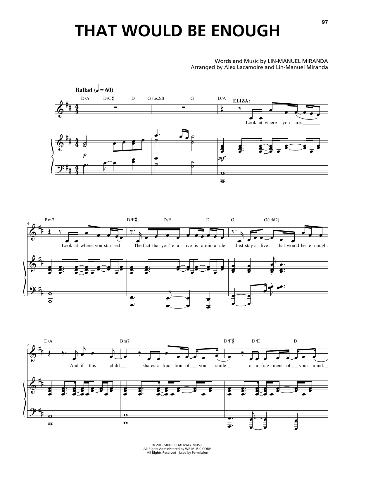 Download Lin-Manuel Miranda That Would Be Enough (from Hamilton) Sheet Music and learn how to play Big Note Piano PDF digital score in minutes