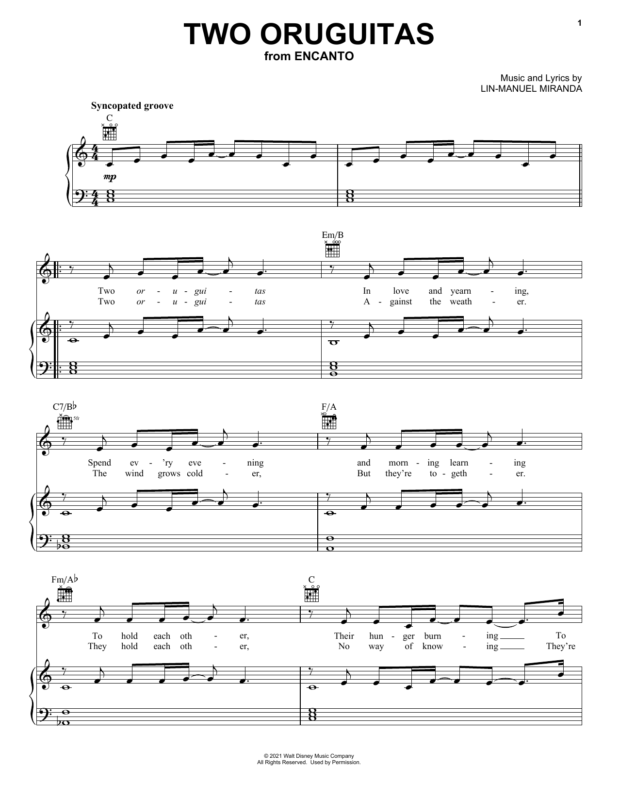 Download Lin-Manuel Miranda Two Oruguitas (from Encanto) Sheet Music and learn how to play Piano & Vocal PDF digital score in minutes