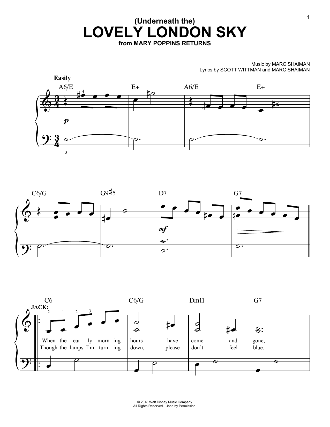 Download Lin-Manuel Miranda (Underneath The) Lovely London Sky (from Mary Poppins Returns) Sheet Music and learn how to play Easy Piano PDF digital score in minutes