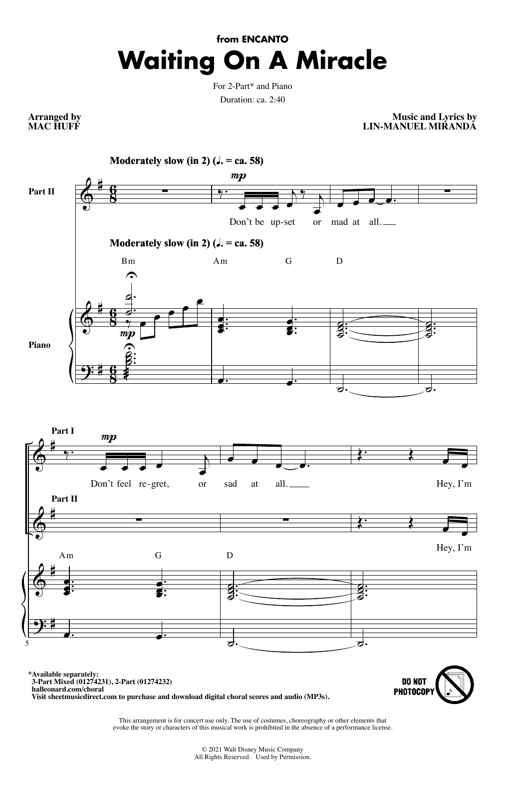 Download Lin-Manuel Miranda Waiting On A Miracle (from Encanto) (arr. Mac Huff) Sheet Music and learn how to play 2-Part Choir PDF digital score in minutes