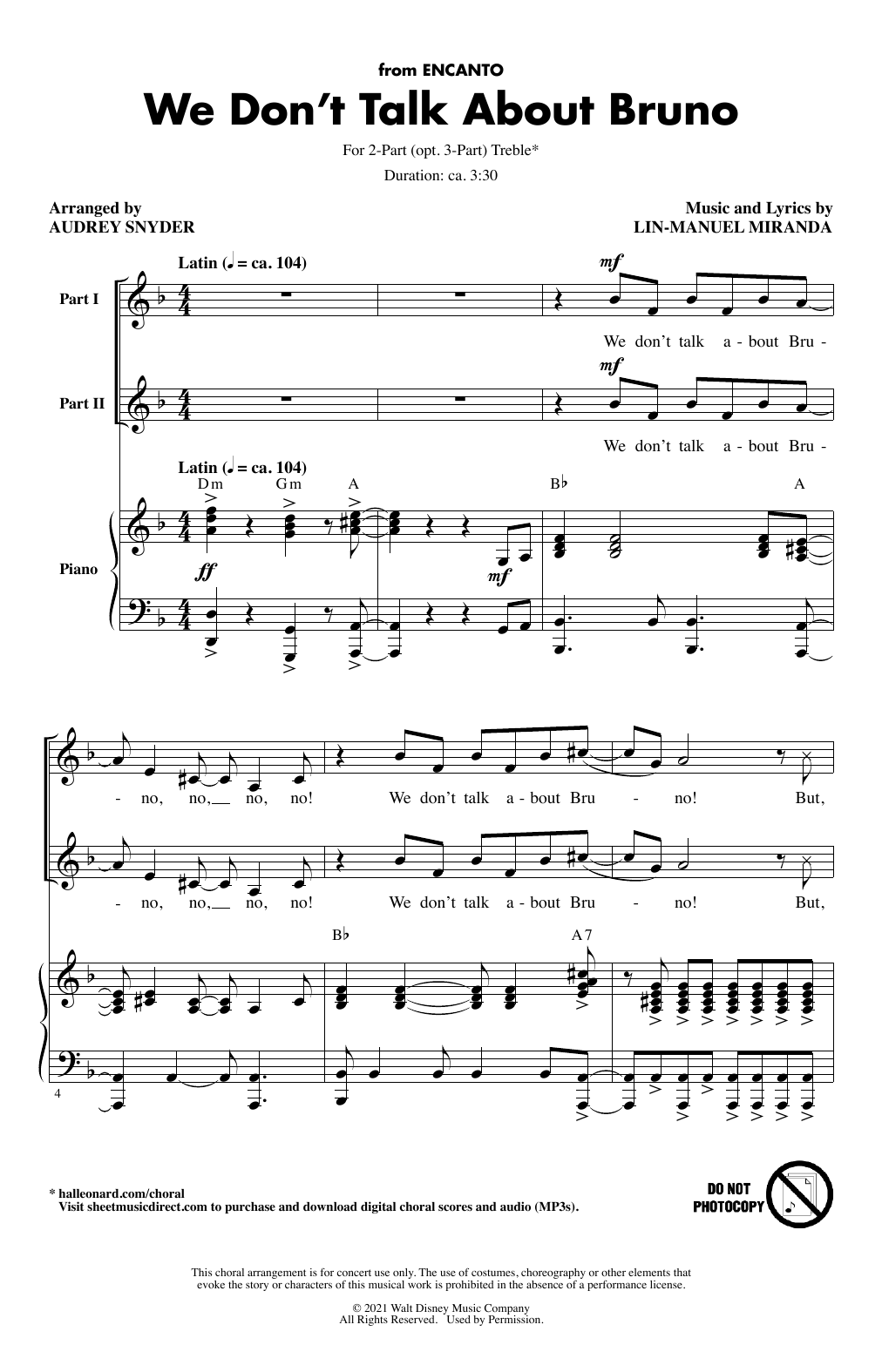 Download Lin-Manuel Miranda We Don't Talk About Bruno (arr. Audrey Snyder) Sheet Music and learn how to play 2-Part Choir, 3-Part Mixed Choir PDF digital score in minutes
