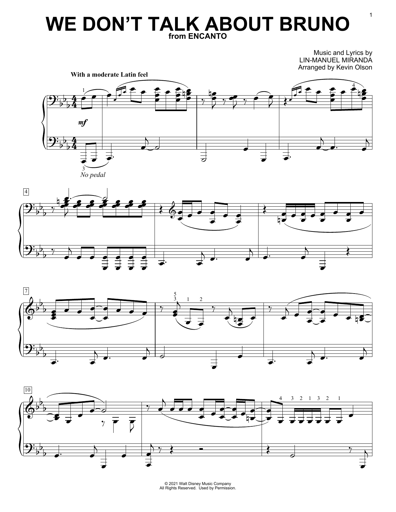 Download Lin-Manuel Miranda We Don't Talk About Bruno (from Encanto) (arr. Kevin Olson) Sheet Music and learn how to play Easy Piano Solo PDF digital score in minutes