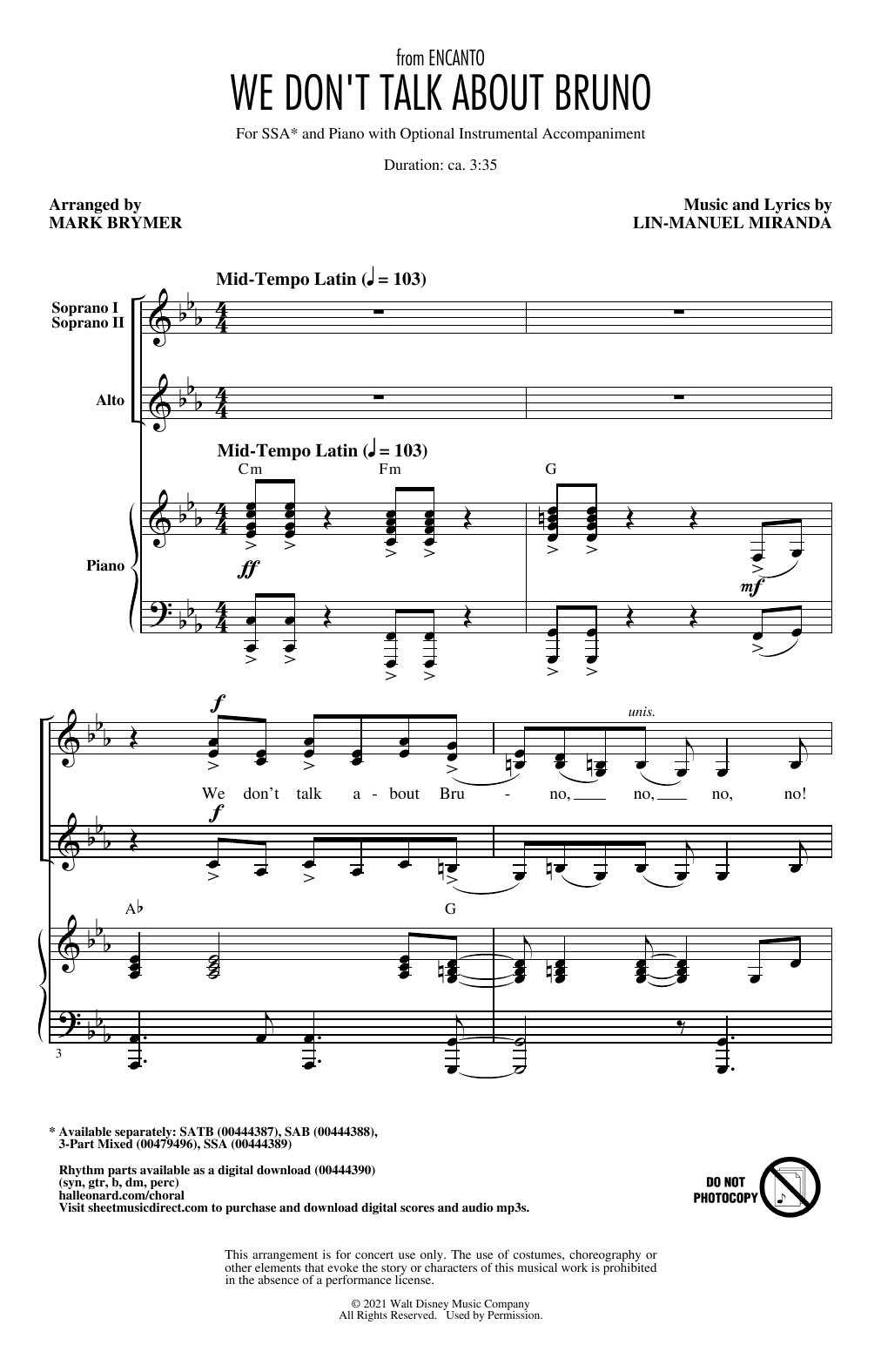 Download Lin-Manuel Miranda We Don't Talk About Bruno (from Encanto) (arr. Mark Brymer) Sheet Music and learn how to play 3-Part Mixed Choir PDF digital score in minutes