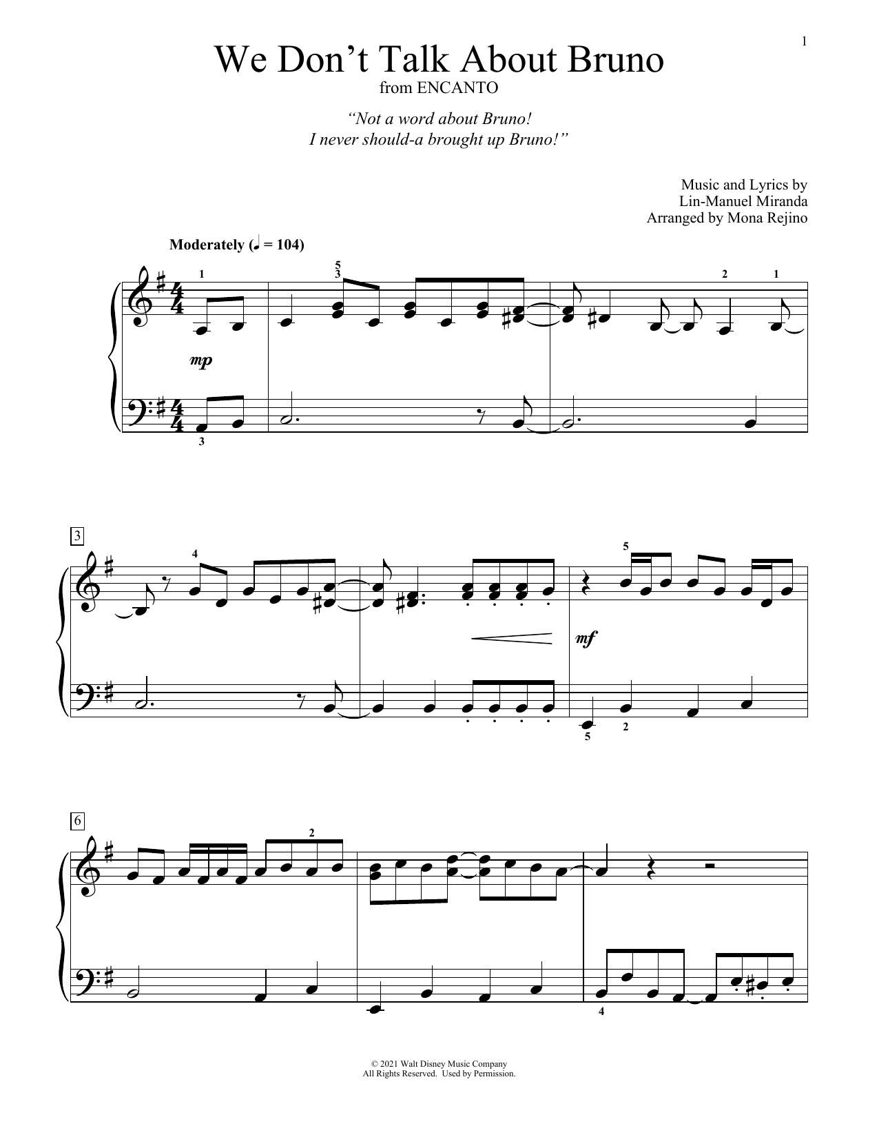 Download Lin-Manuel Miranda We Don't Talk About Bruno (from Encanto) (arr. Mona Rejino) Sheet Music and learn how to play Educational Piano PDF digital score in minutes