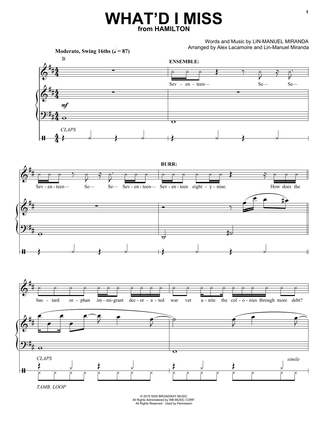 Download Lin-Manuel Miranda What'd I Miss (from Hamilton) Sheet Music and learn how to play Violin Solo PDF digital score in minutes