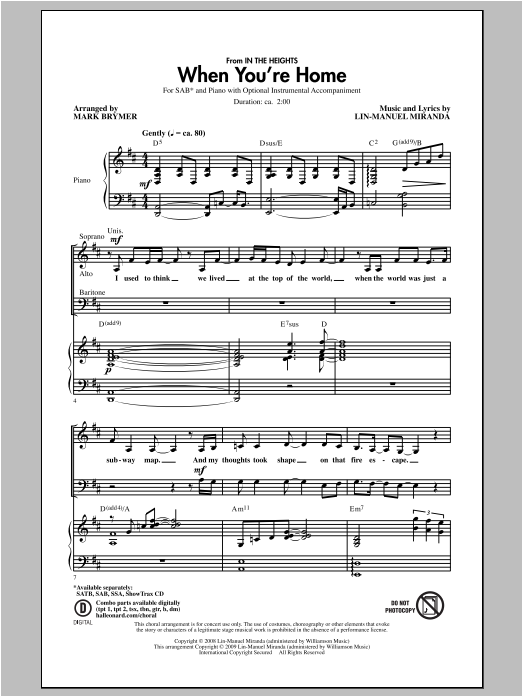 Download Lin-Manuel Miranda When You're Home (from In The Heights) (arr. Mark Brymer) Sheet Music and learn how to play SAB PDF digital score in minutes