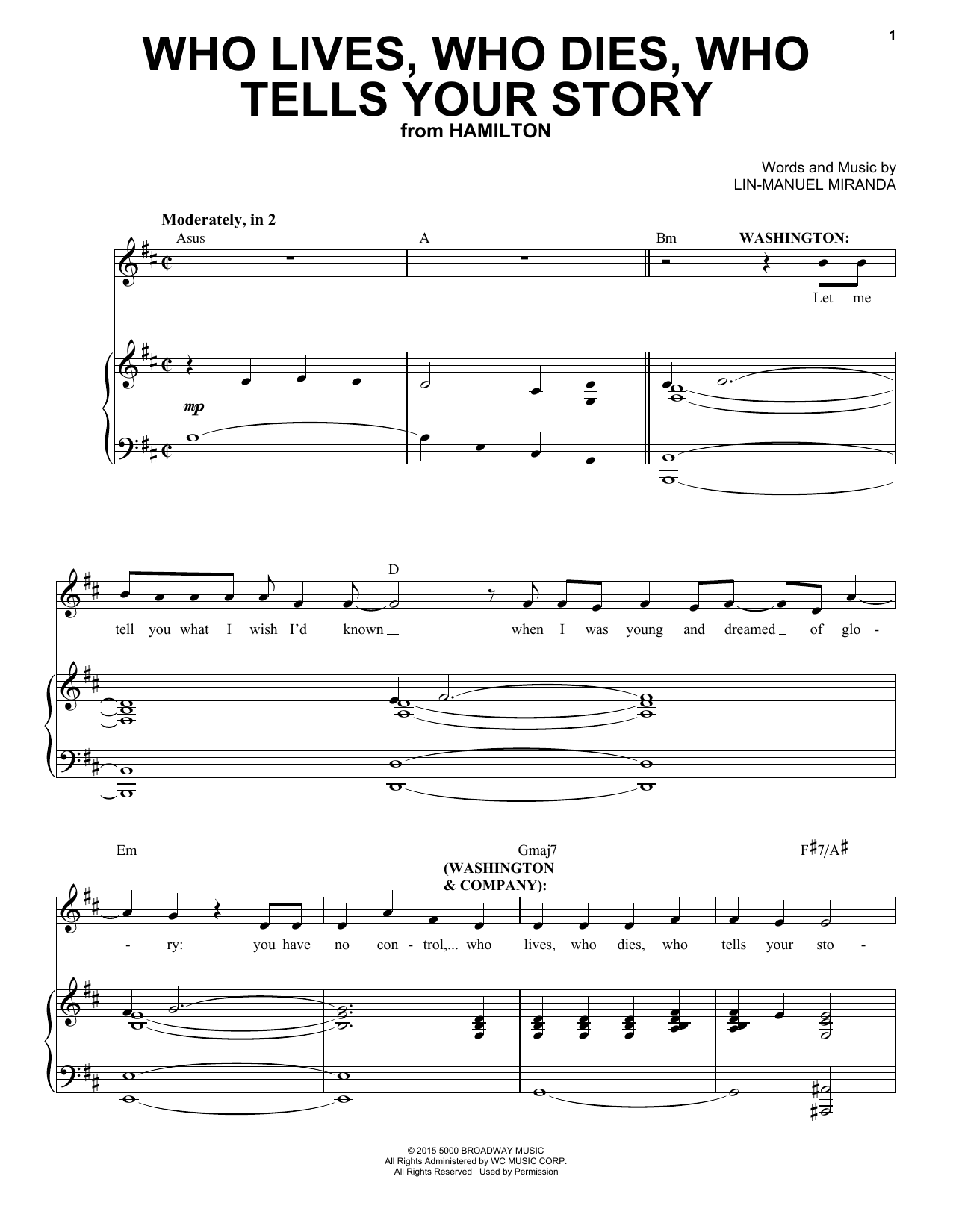 Download Lin-Manuel Miranda Who Lives, Who Dies, Who Tells Your Story (from Hamilton) Sheet Music and learn how to play Big Note Piano PDF digital score in minutes