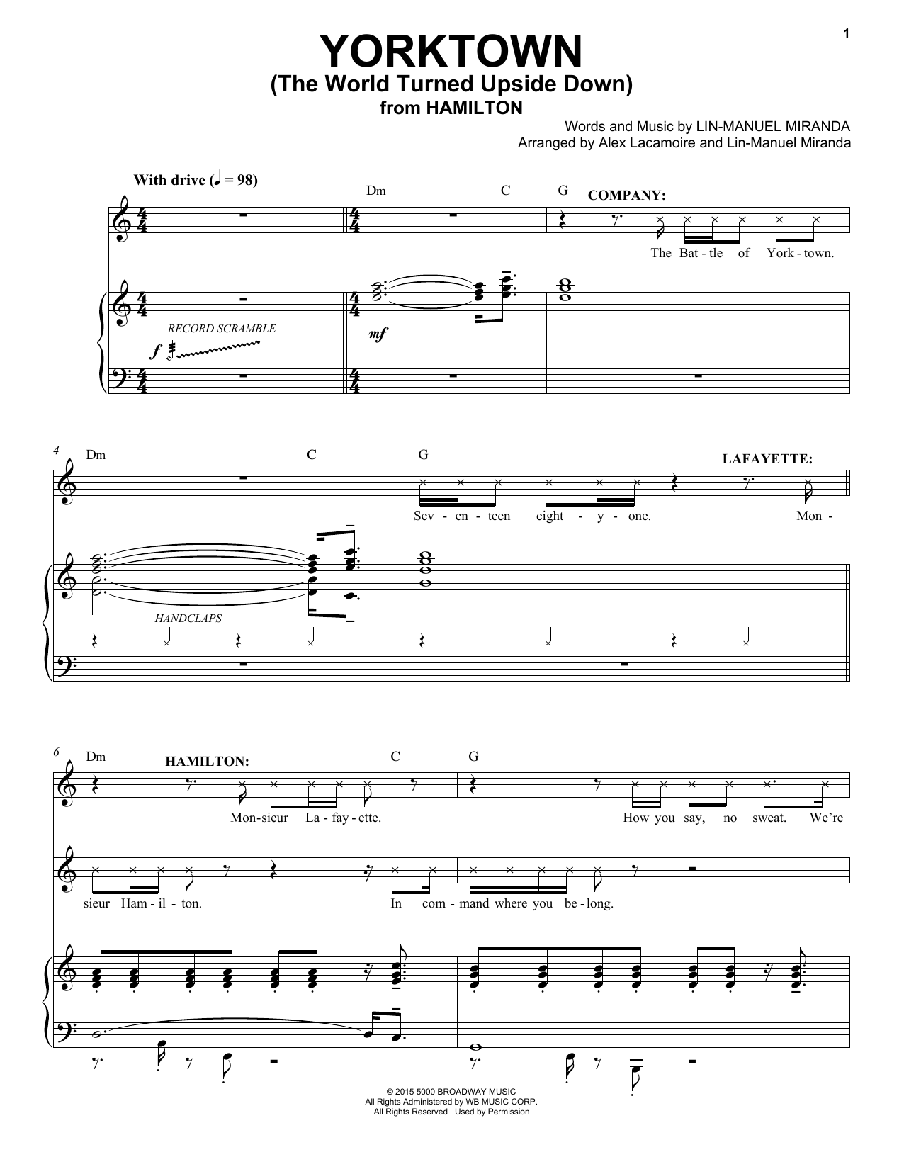 Download Lin-Manuel Miranda Yorktown (The World Turned Upside Down) (from Hamilton) Sheet Music and learn how to play Piano & Vocal PDF digital score in minutes