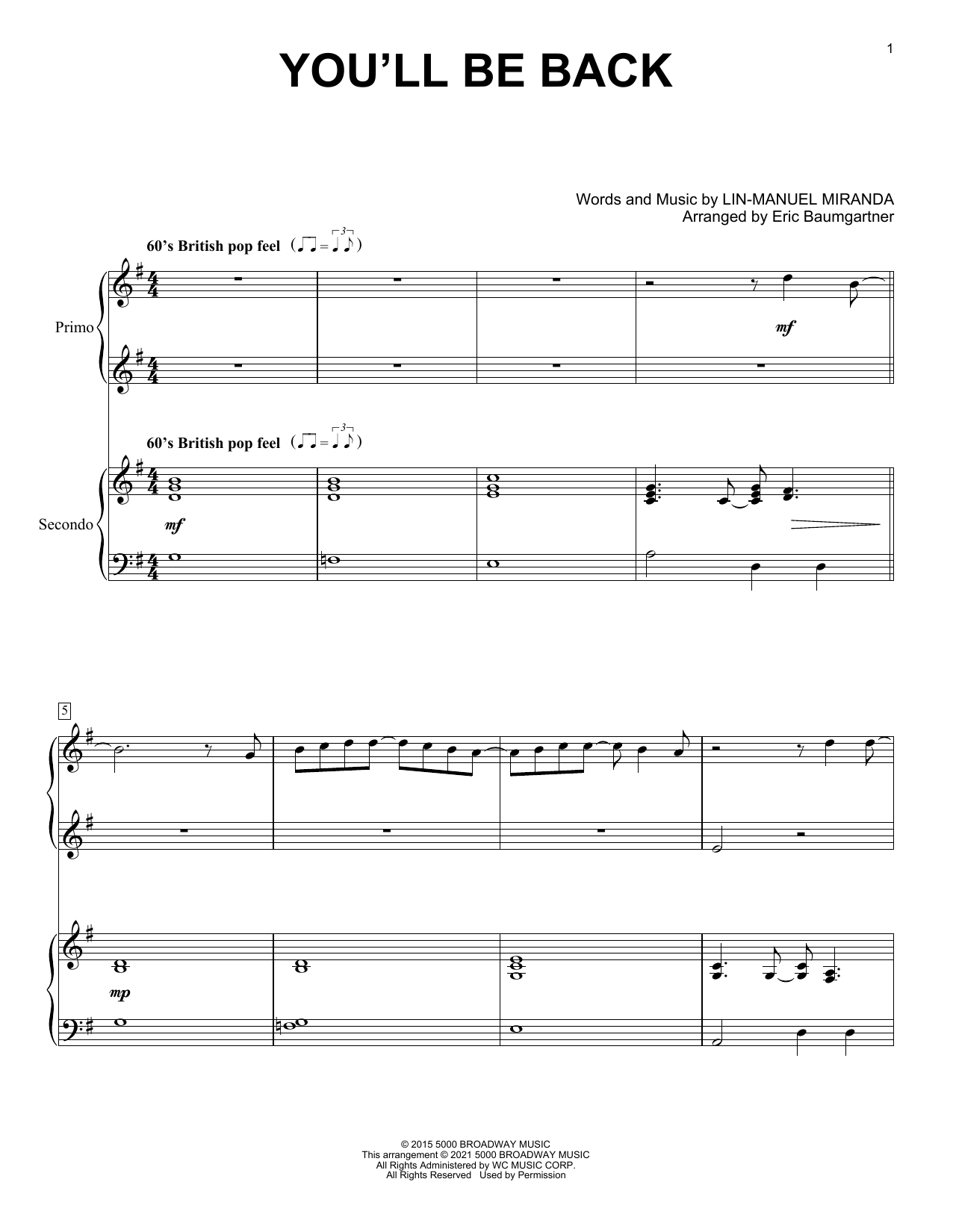 Download Lin-Manuel Miranda You'll Be Back (from Hamilton) (arr. Eric Baumgartner) Sheet Music and learn how to play Piano Duet PDF digital score in minutes