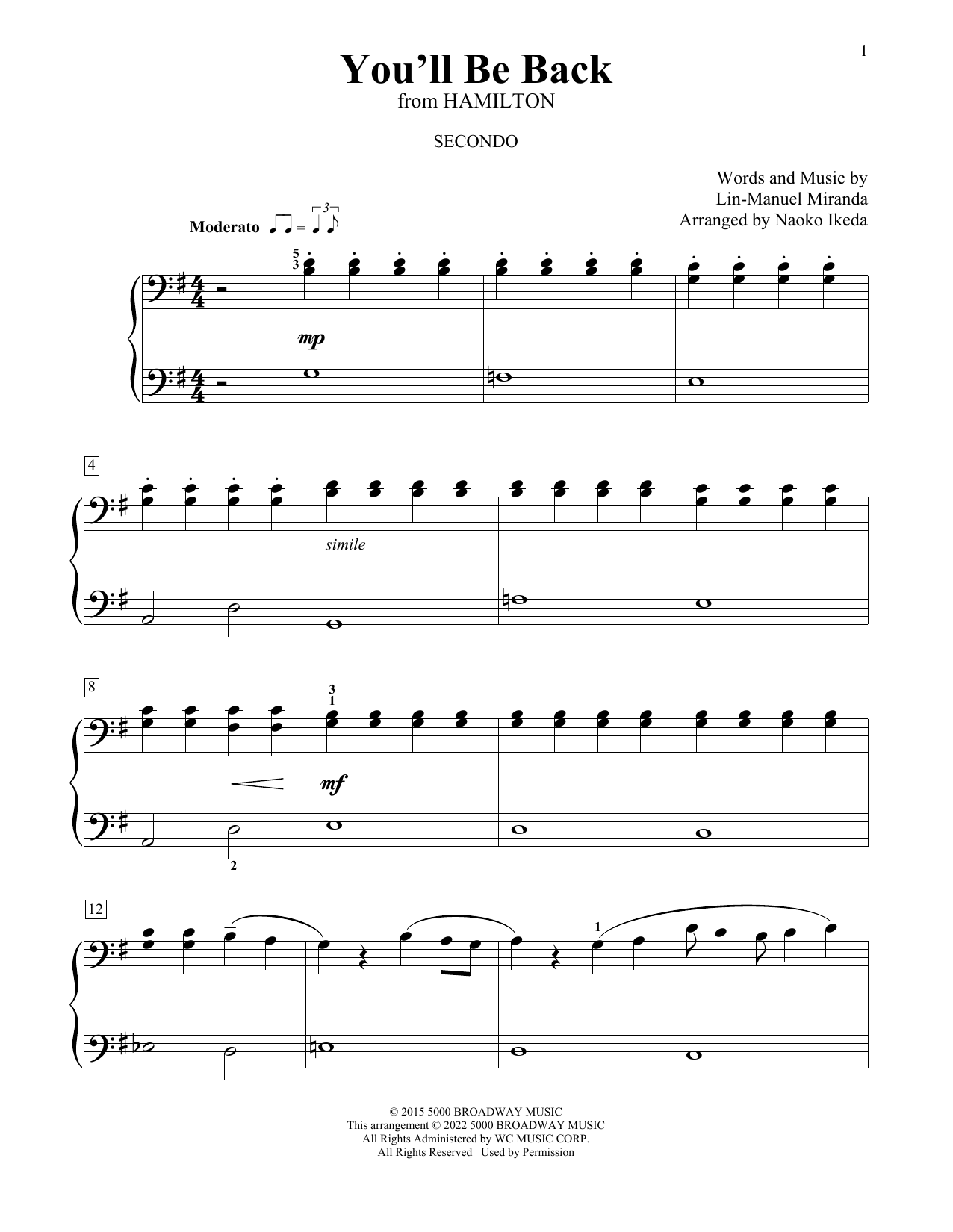 Download Lin-Manuel Miranda You'll Be Back (from Hamilton) (arr. Naoko Ikeda) Sheet Music and learn how to play Piano Duet PDF digital score in minutes