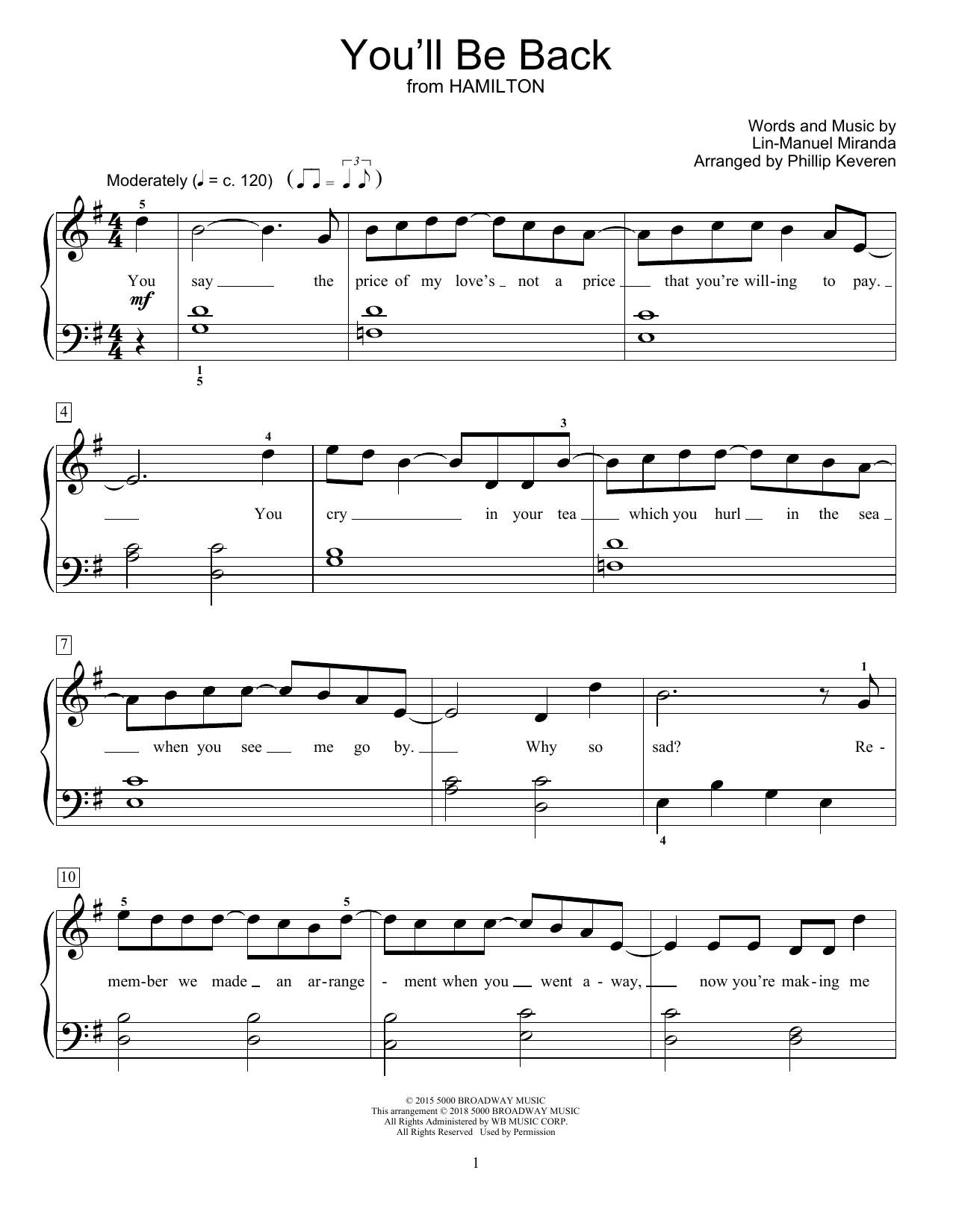 Download Lin-Manuel Miranda You'll Be Back (from Hamilton) (arr. Phillip Keveren) Sheet Music and learn how to play Educational Piano PDF digital score in minutes