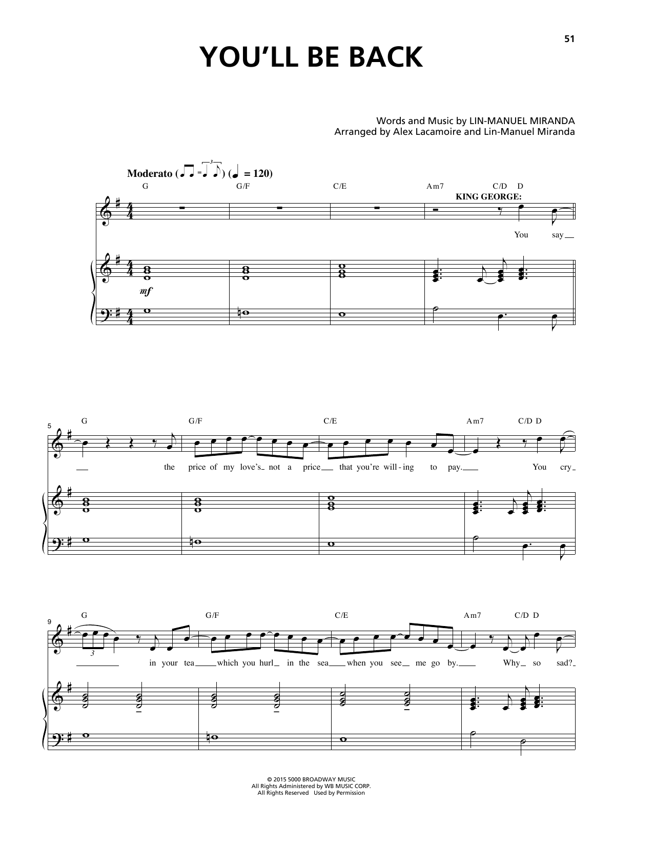 Download Lin-Manuel Miranda You'll Be Back Sheet Music and learn how to play Melody Line, Lyrics & Chords PDF digital score in minutes