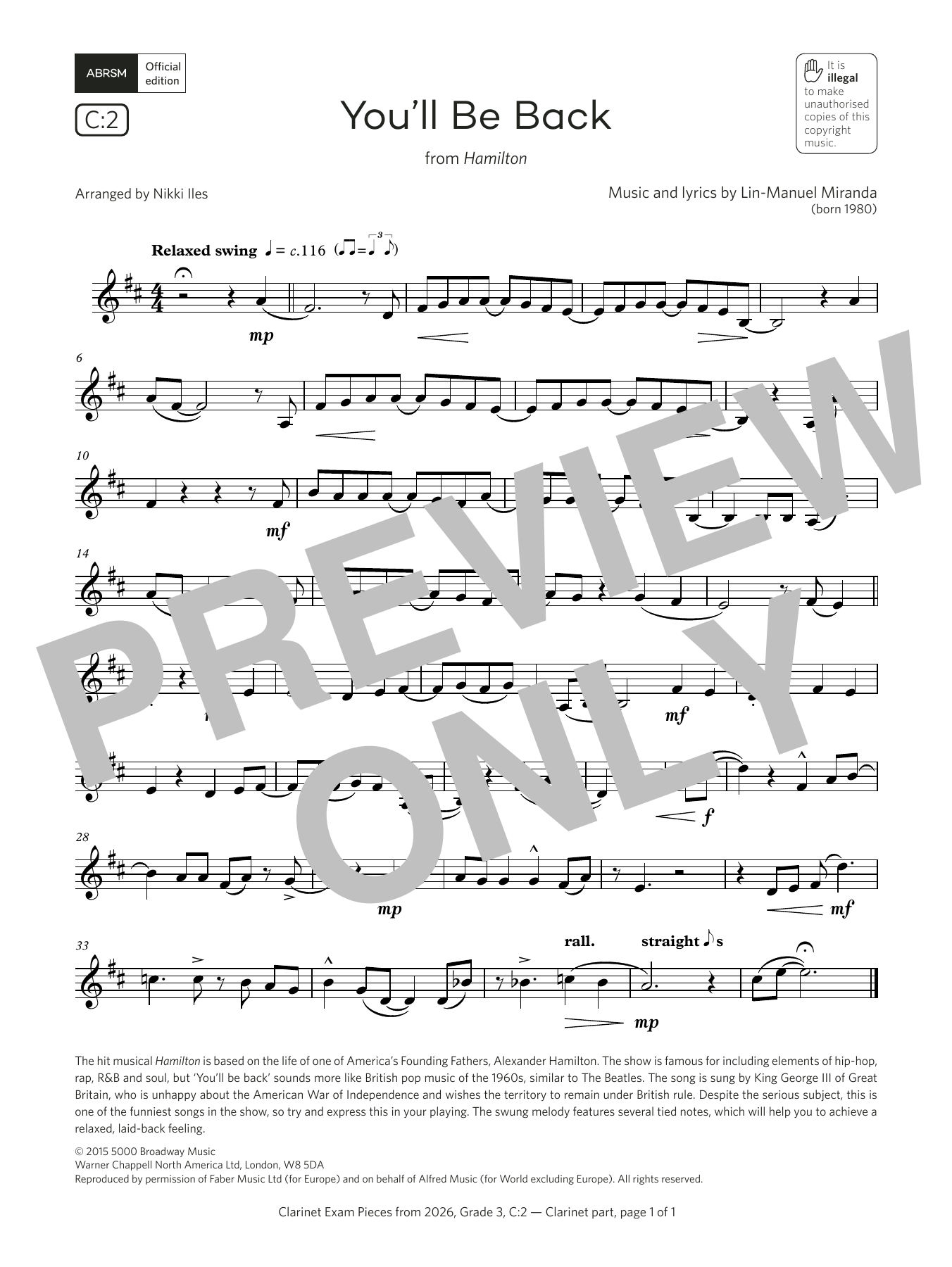 Download Lin-Manuel Miranda You'll Be Back (Grade 3, list C2, from the ABRSM Clarinet Syllabus from 2026) Sheet Music and learn how to play Clarinet Solo PDF digital score in minutes