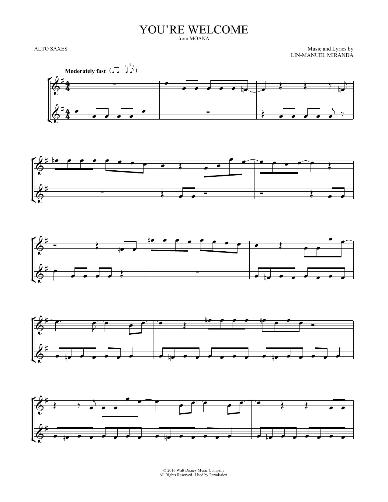 Download Lin-Manuel Miranda You're Welcome (from Moana) (arr. Mark Phillips) Sheet Music and learn how to play Violin Duet PDF digital score in minutes