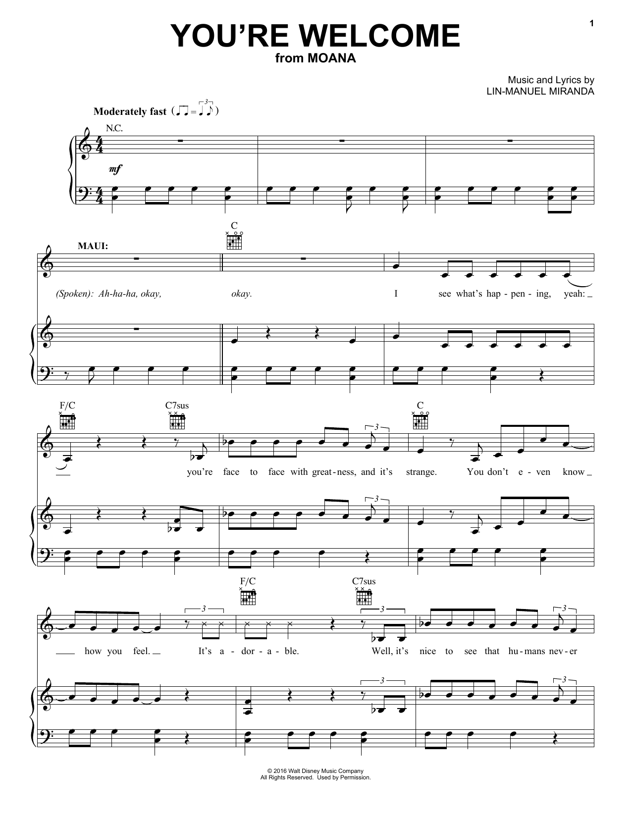 Download Lin-Manuel Miranda You're Welcome (from Moana) Sheet Music and learn how to play Recorder Solo PDF digital score in minutes