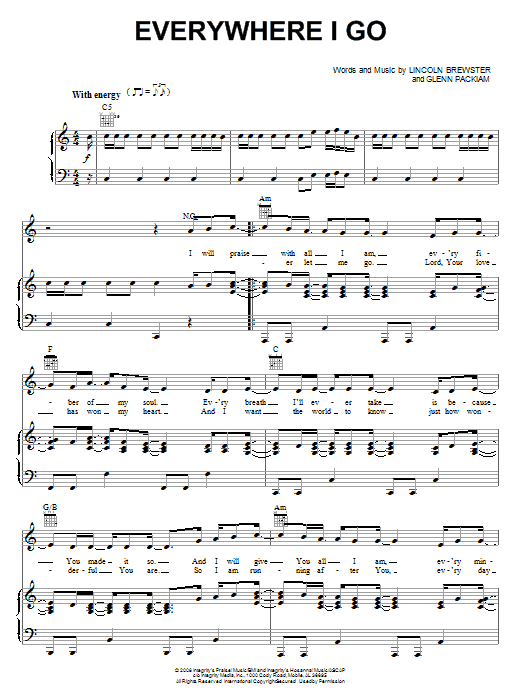 Download Lincoln Brewster Everywhere I Go Sheet Music and learn how to play Piano, Vocal & Guitar (Right-Hand Melody) PDF digital score in minutes