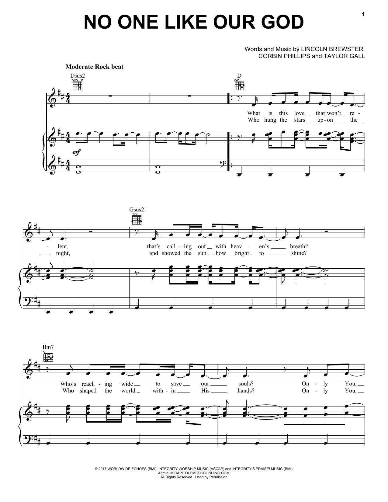 Download Lincoln Brewster No One Like Our God Sheet Music and learn how to play Piano, Vocal & Guitar (Right-Hand Melody) PDF digital score in minutes