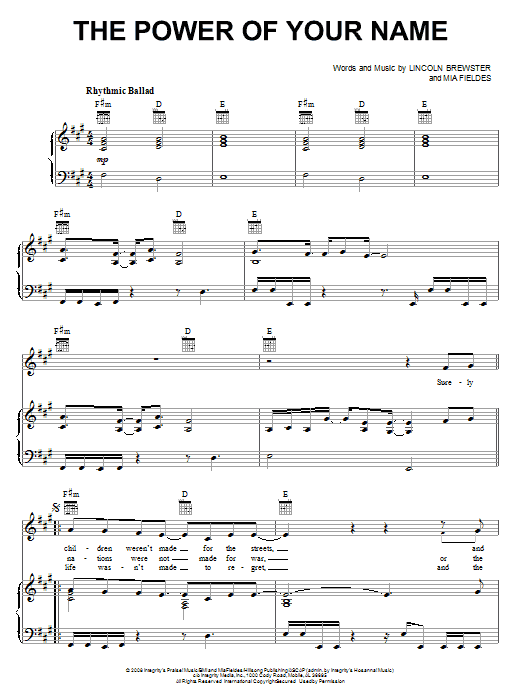 Download Lincoln Brewster The Power Of Your Name Sheet Music and learn how to play Piano, Vocal & Guitar (Right-Hand Melody) PDF digital score in minutes