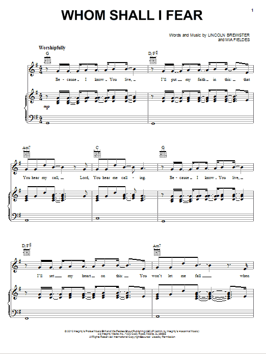 Download Lincoln Brewster Whom Shall I Fear Sheet Music and learn how to play Piano, Vocal & Guitar (Right-Hand Melody) PDF digital score in minutes