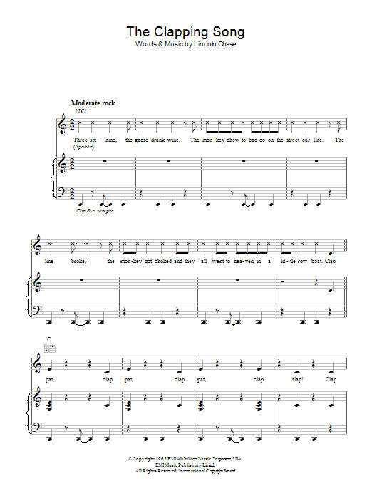 Download Lincoln Chase The Clapping Song Sheet Music and learn how to play Piano, Vocal & Guitar (Right-Hand Melody) PDF digital score in minutes