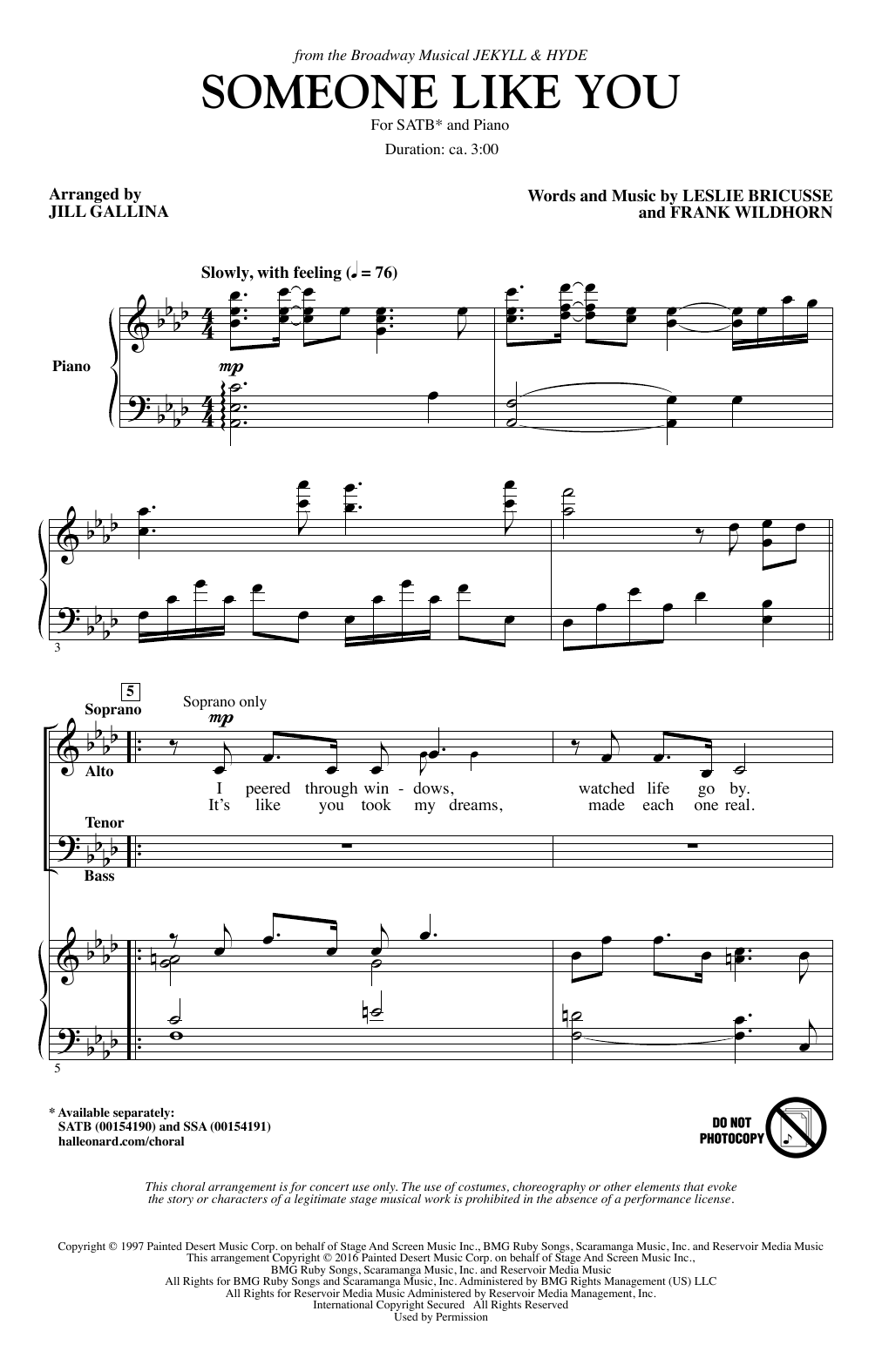 Download Jill Gallina Someone Like You Sheet Music and learn how to play SATB PDF digital score in minutes