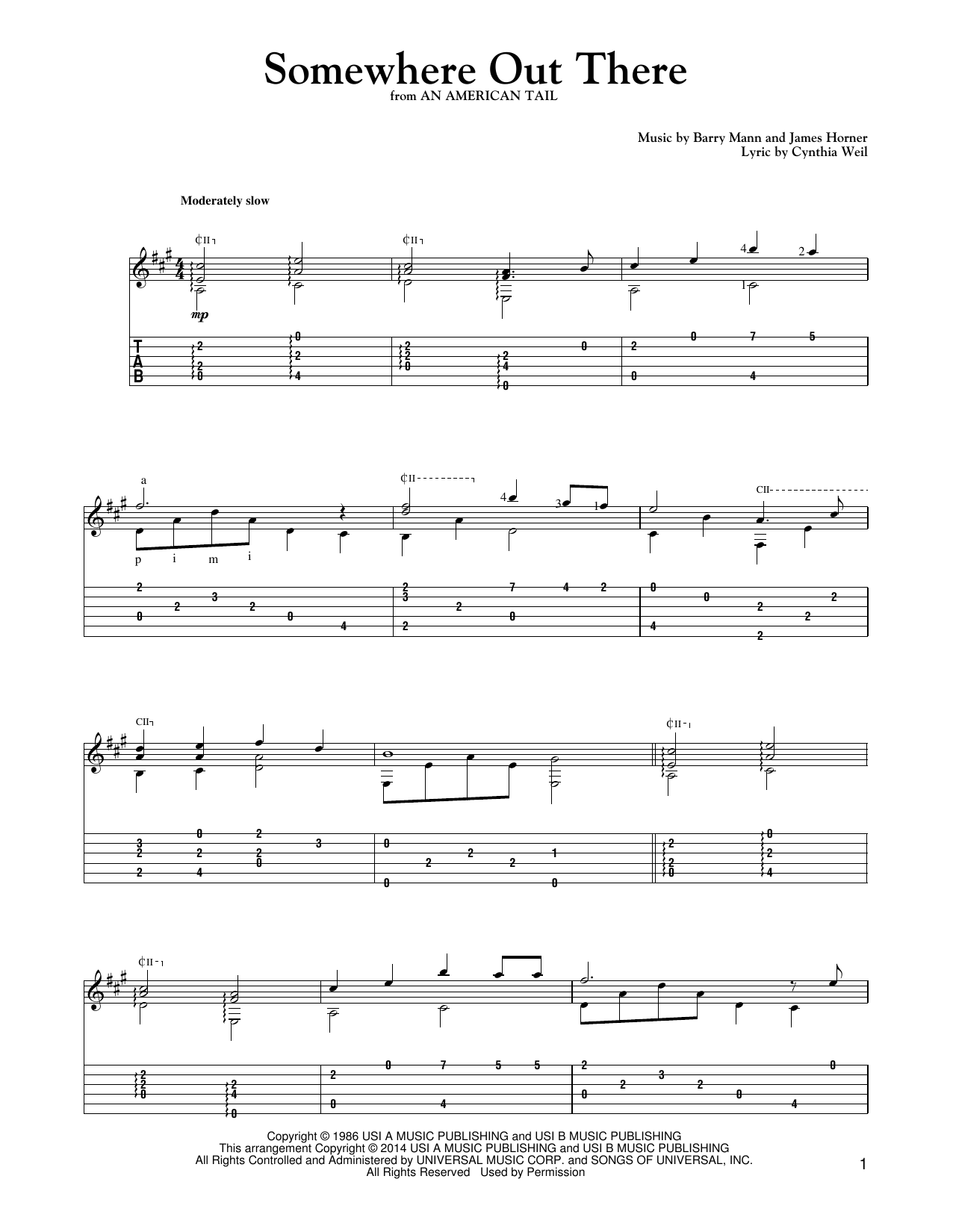 Download Linda Ronstadt & James Ingram Somewhere Out There Sheet Music and learn how to play Guitar Tab PDF digital score in minutes