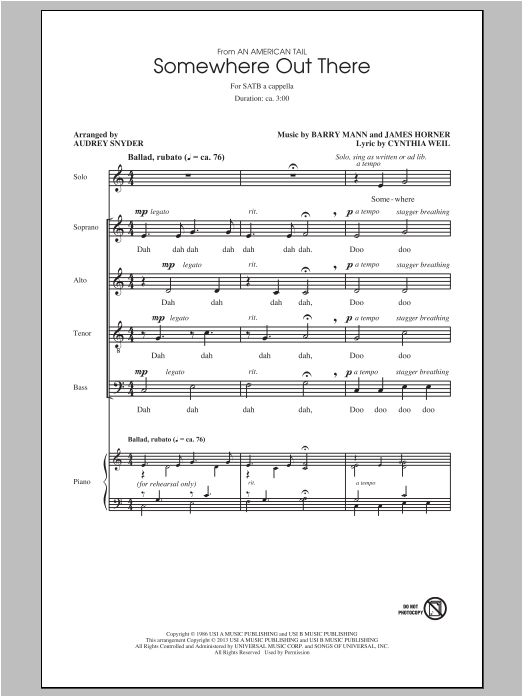 Download Linda Ronstadt & James Ingram Somewhere Out There (arr. Audrey Snyder) Sheet Music and learn how to play SATB PDF digital score in minutes