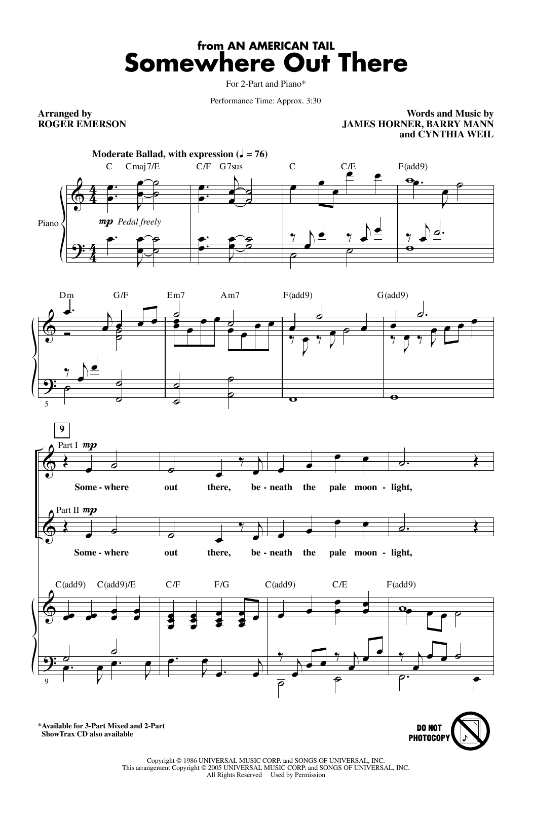 Download Linda Ronstadt & James Ingram Somewhere Out There (from An American Tail) (arr. Roger Emerson) Sheet Music and learn how to play 2-Part Choir PDF digital score in minutes