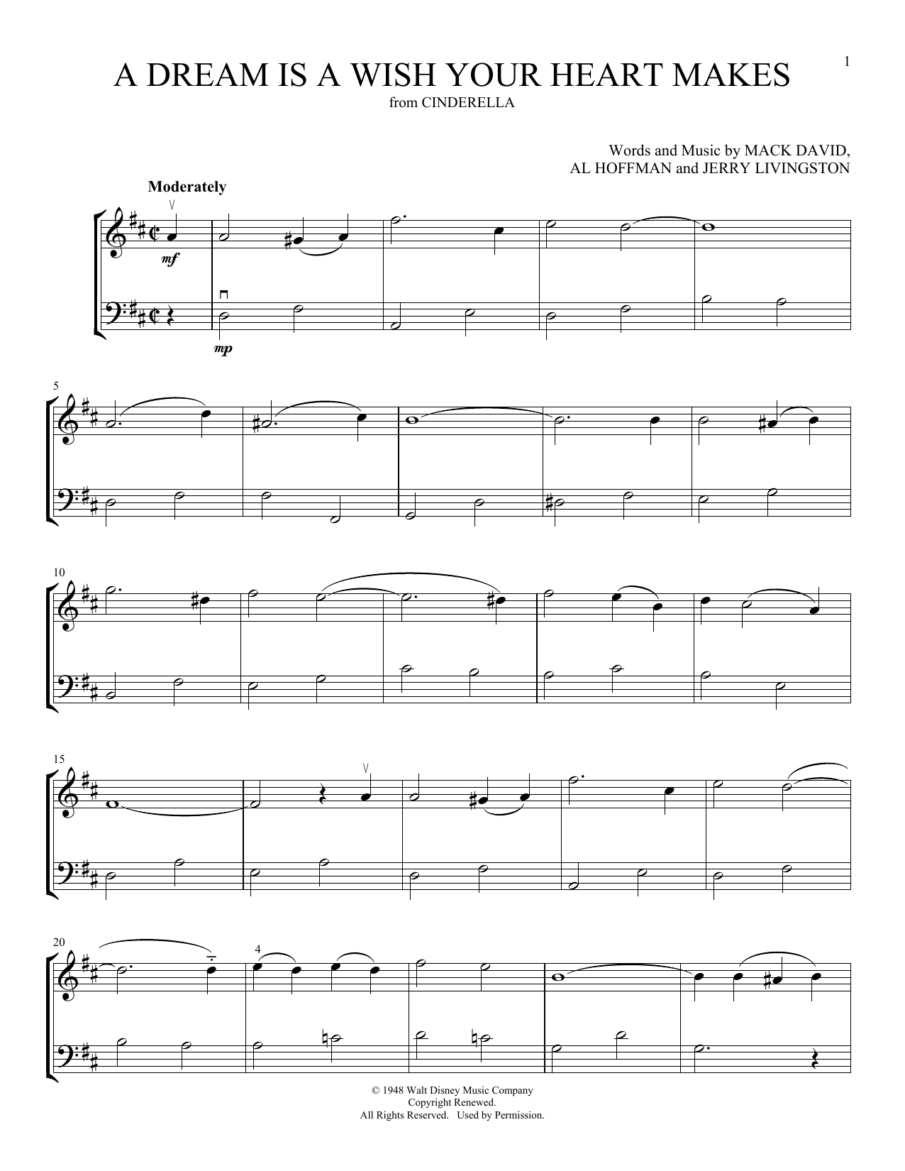 Download Linda Ronstadt A Dream Is A Wish Your Heart Makes (from Cinderella) (arr. Michelle Hynson) Sheet Music and learn how to play Instrumental Duet PDF digital score in minutes