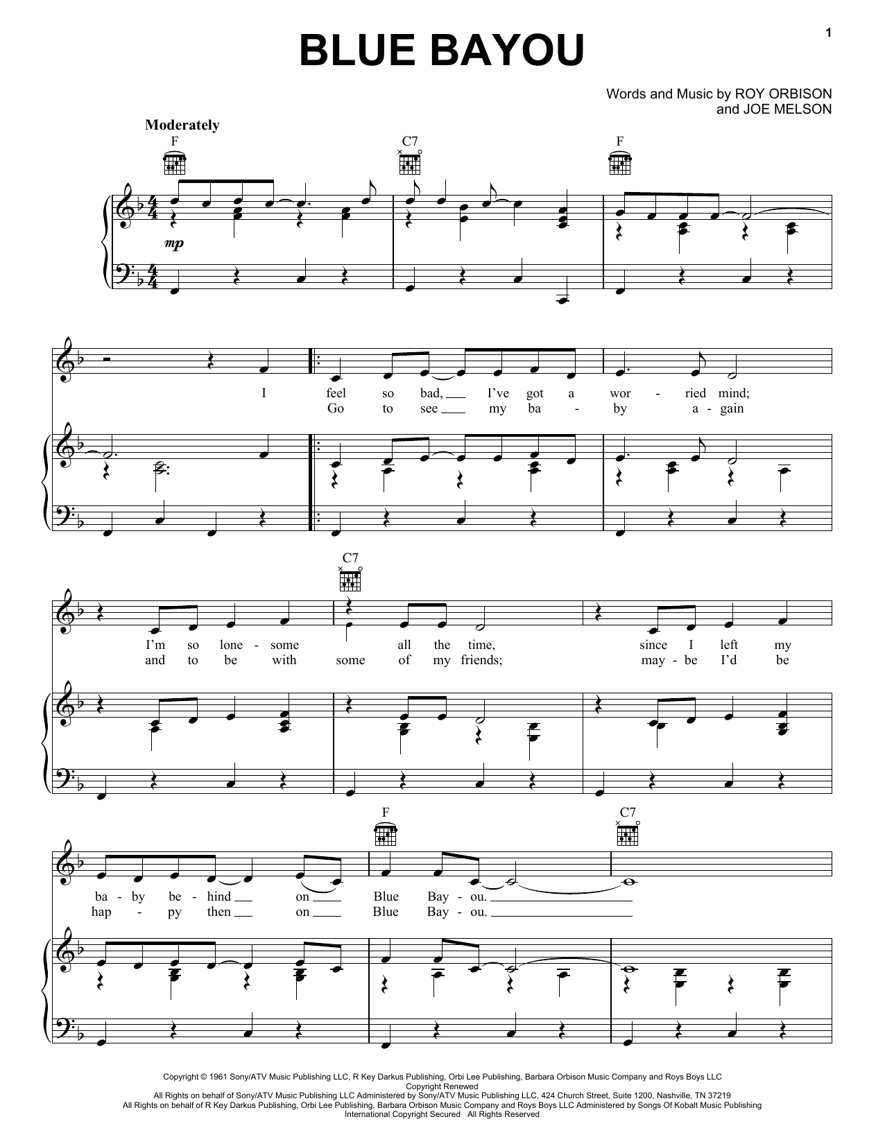 Download Linda Ronstadt Blue Bayou Sheet Music and learn how to play Piano, Vocal & Guitar (Right-Hand Melody) PDF digital score in minutes