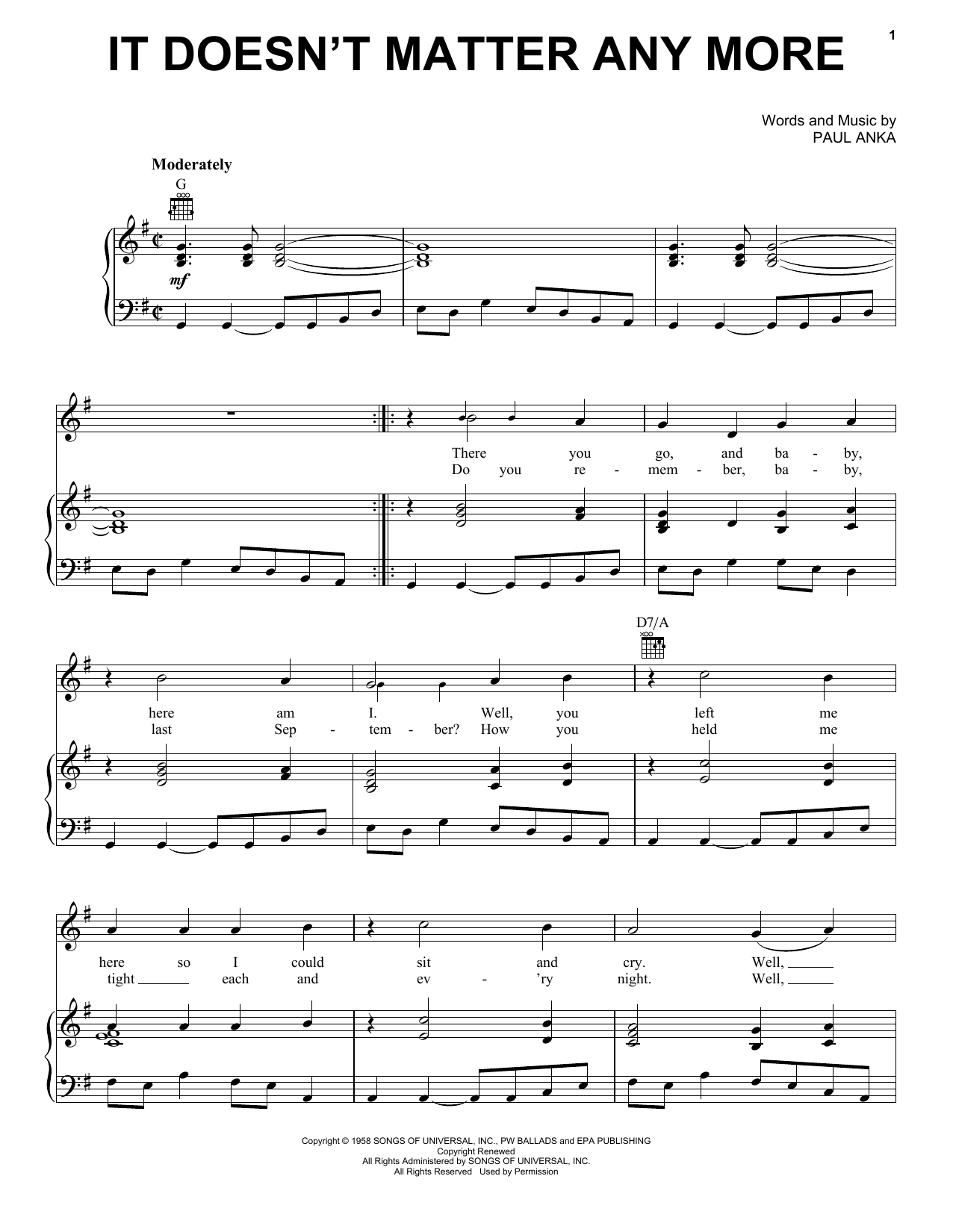 Download Linda Ronstadt It Doesn't Matter Anymore Sheet Music and learn how to play Piano, Vocal & Guitar Chords (Right-Hand Melody) PDF digital score in minutes