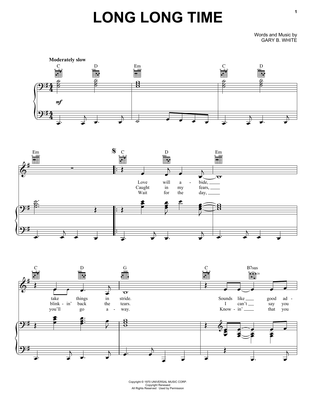 Download Linda Ronstadt Long Long Time Sheet Music and learn how to play Lyrics & Chords PDF digital score in minutes