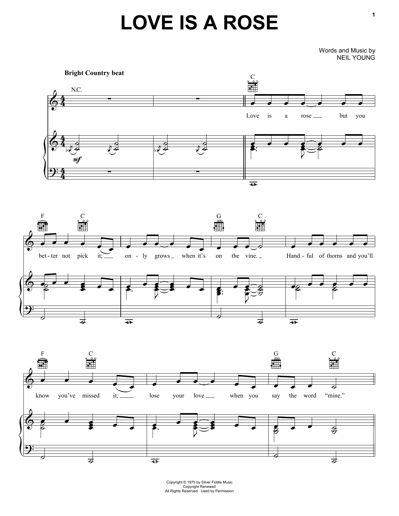 Download Linda Ronstadt Love Is A Rose Sheet Music and learn how to play Piano, Vocal & Guitar Chords (Right-Hand Melody) PDF digital score in minutes
