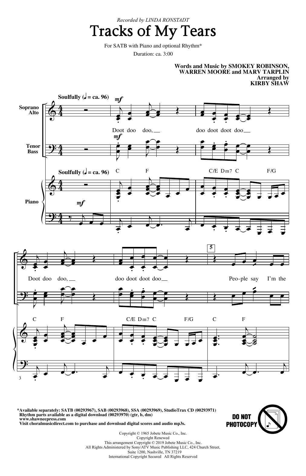 Download Linda Ronstadt Tracks Of My Tears (arr. Kirby Shaw) Sheet Music and learn how to play SAB Choir PDF digital score in minutes