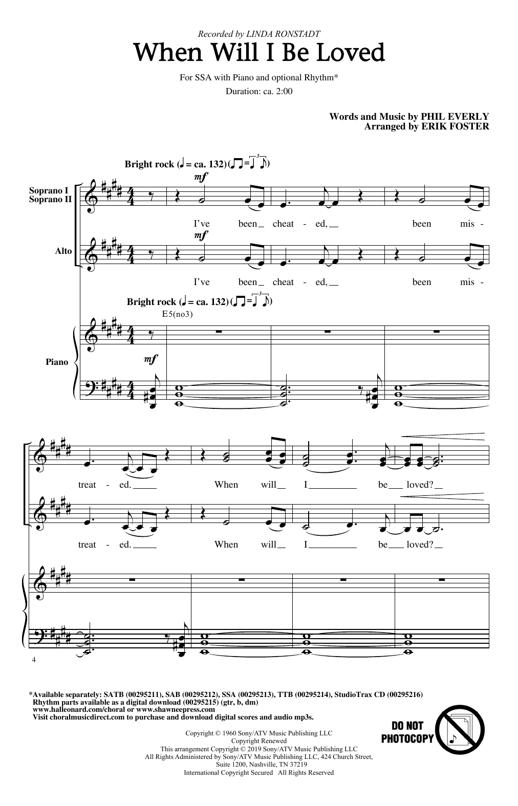 Download Linda Ronstadt When Will I Be Loved (arr. Erik Foster) Sheet Music and learn how to play SSA Choir PDF digital score in minutes