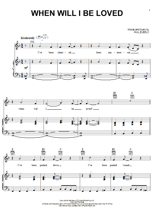 Download Linda Ronstadt When Will I Be Loved Sheet Music and learn how to play Lyrics & Chords PDF digital score in minutes
