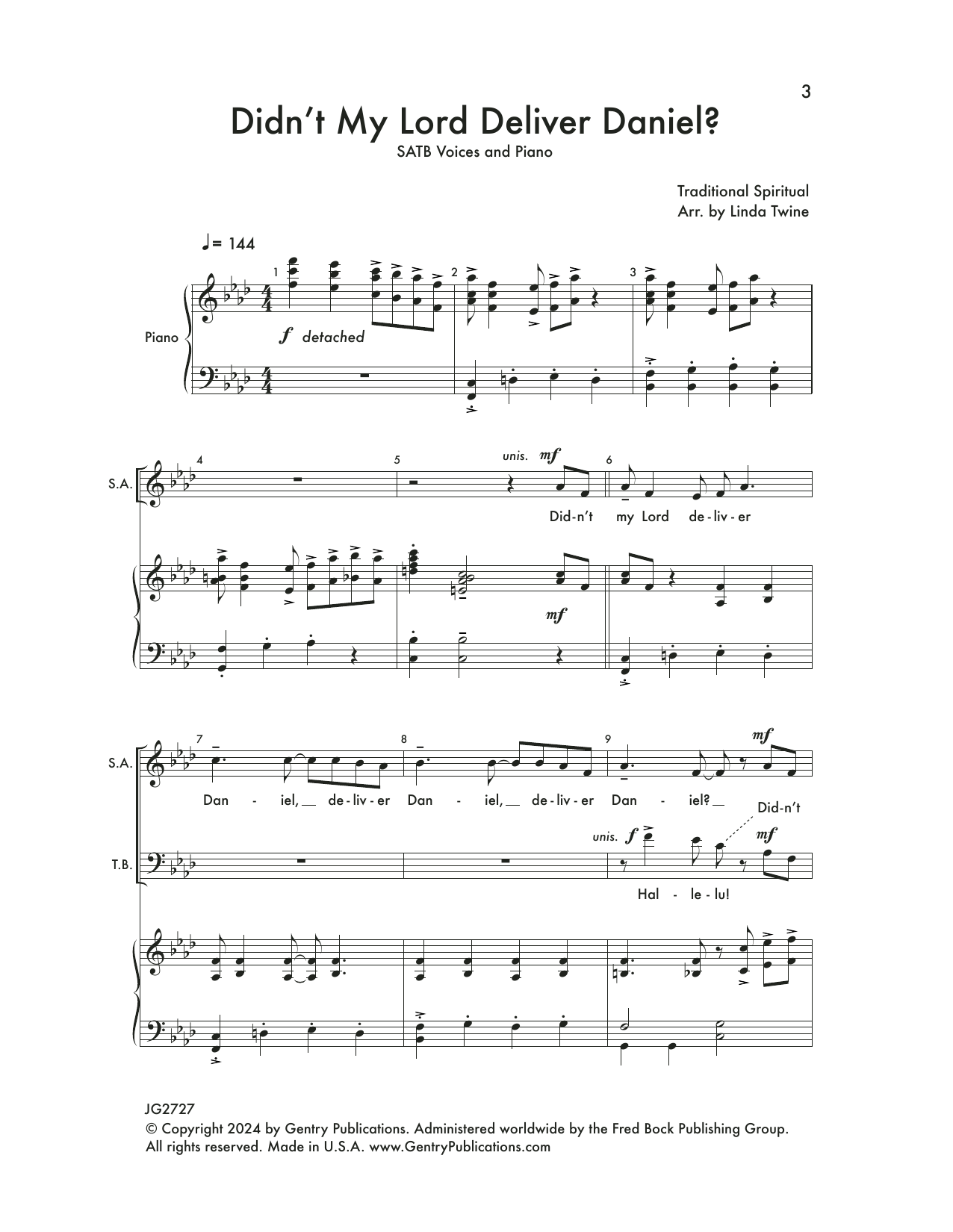 Download Linda Twine Didn't My Lord Deliver Daniel Sheet Music and learn how to play SATB Choir PDF digital score in minutes