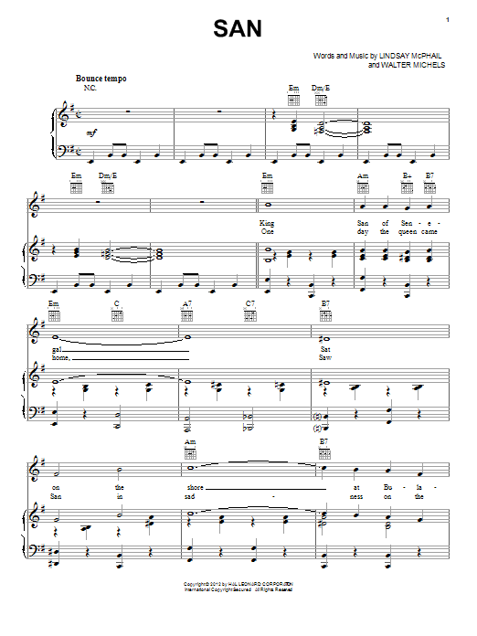 Download Lindsay McPhail San Sheet Music and learn how to play Piano, Vocal & Guitar (Right-Hand Melody) PDF digital score in minutes