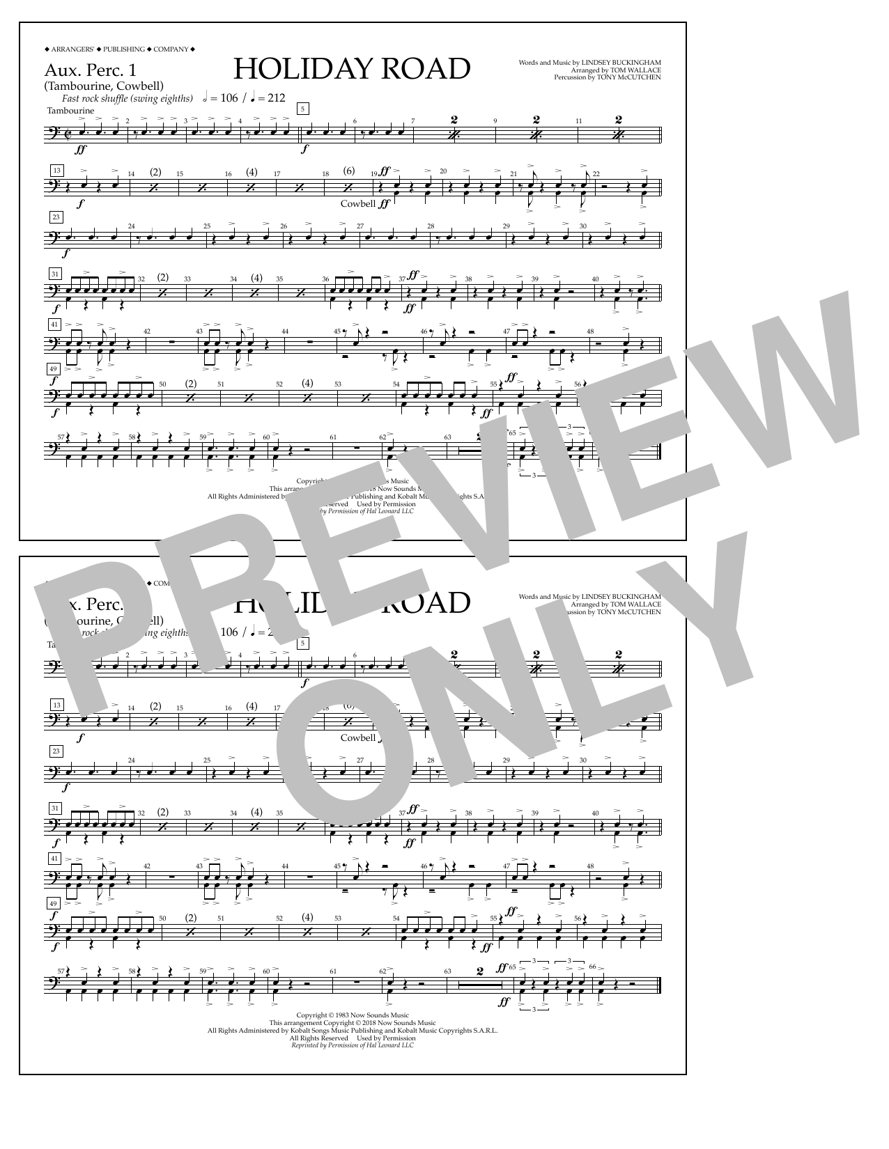 Download Lindsey Buckingham Holiday Road (from National Lampoon's Vacation) (arr. Tom Wallace) - Aux. Perc. Sheet Music and learn how to play Marching Band PDF digital score in minutes