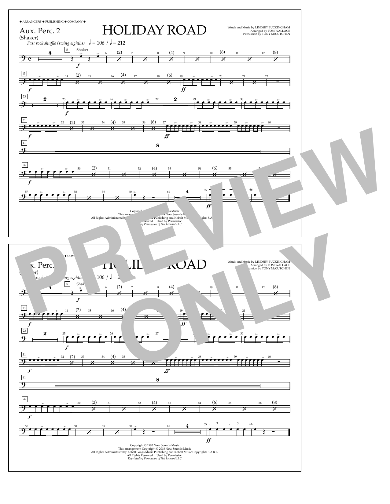 Download Lindsey Buckingham Holiday Road (from National Lampoon's Vacation) (arr. Tom Wallace) - Aux. Perc. Sheet Music and learn how to play Marching Band PDF digital score in minutes