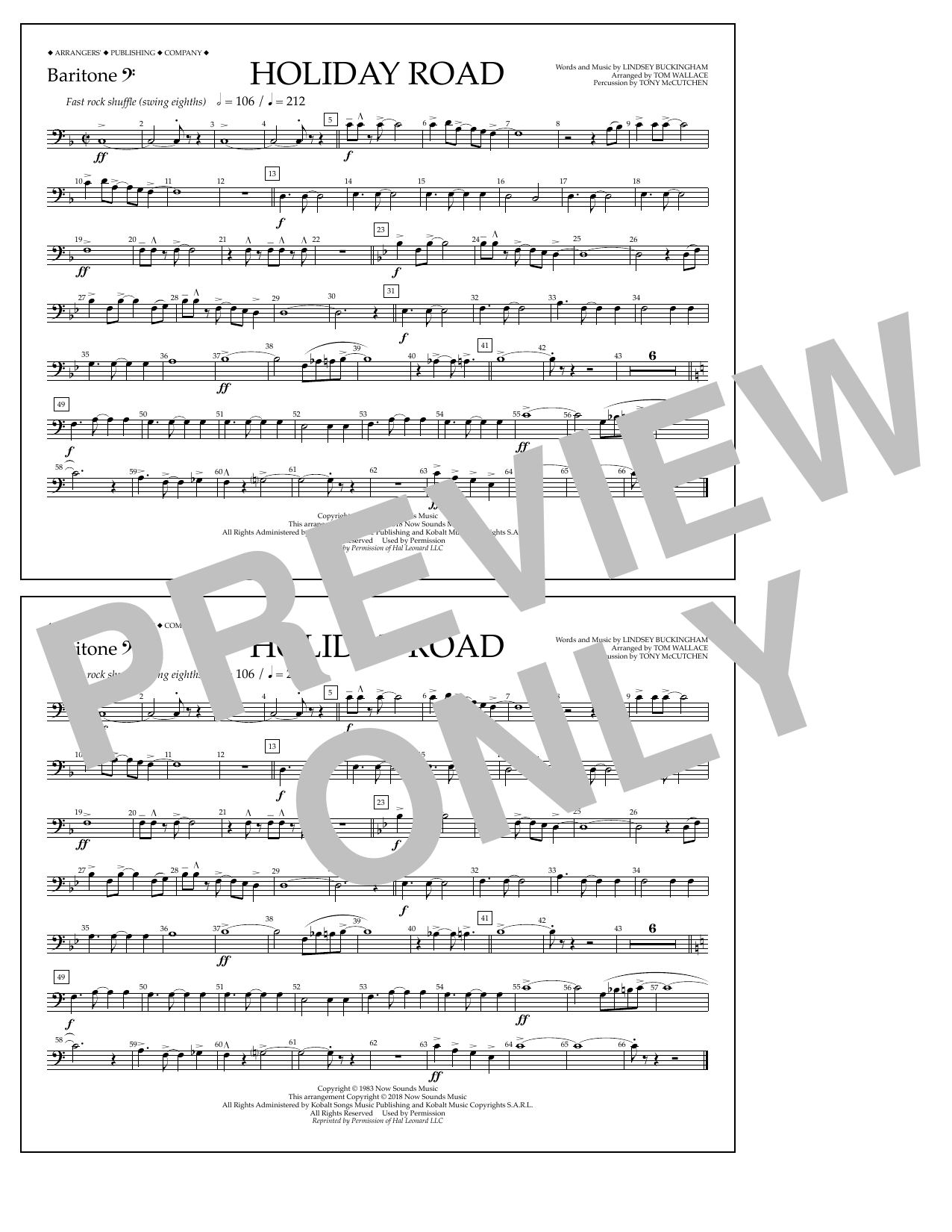 Download Lindsey Buckingham Holiday Road (from National Lampoon's Vacation) (arr. Tom Wallace) - Baritone B. Sheet Music and learn how to play Marching Band PDF digital score in minutes