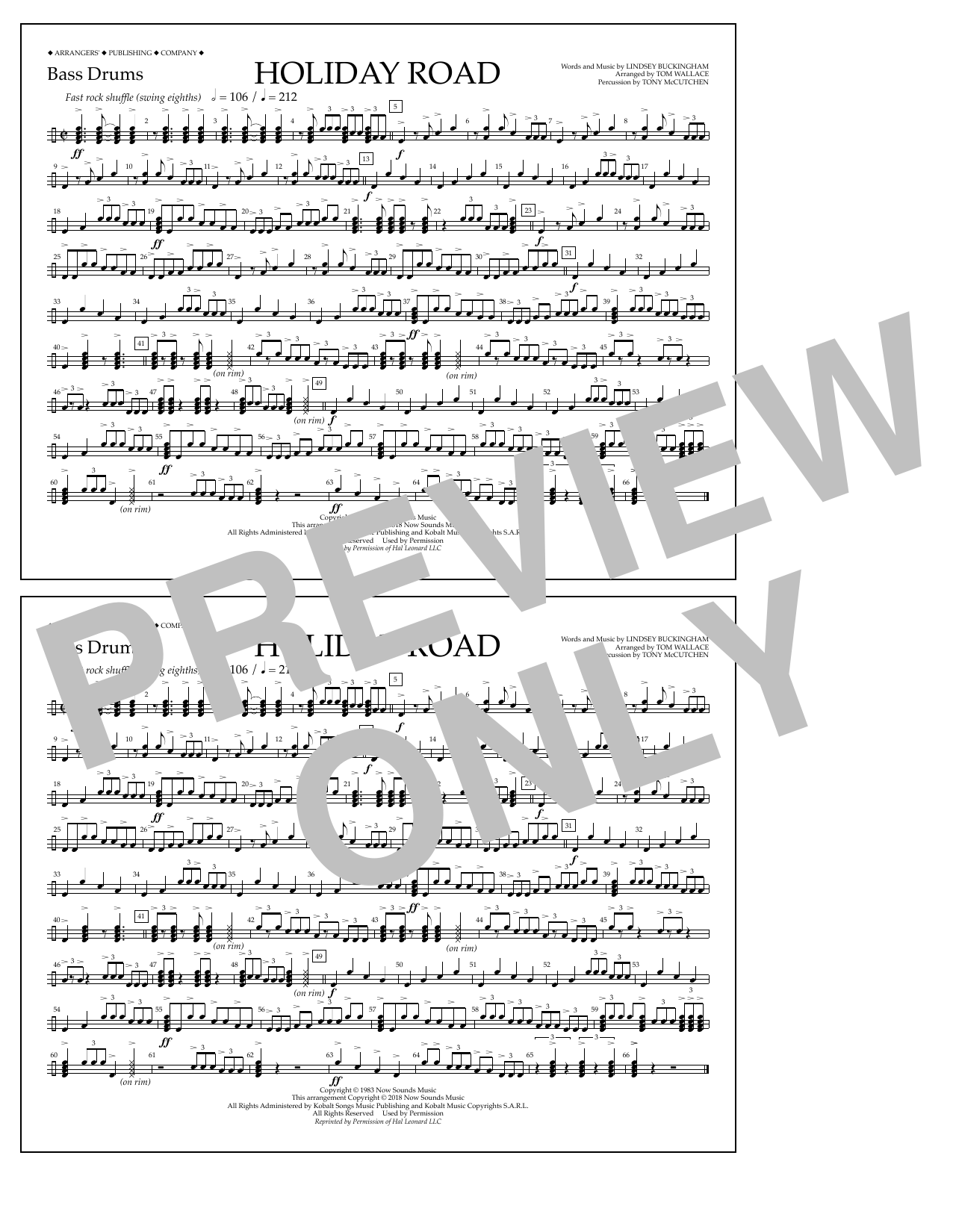 Download Lindsey Buckingham Holiday Road (from National Lampoon's Vacation) (arr. Tom Wallace) - Bass Drums Sheet Music and learn how to play Marching Band PDF digital score in minutes