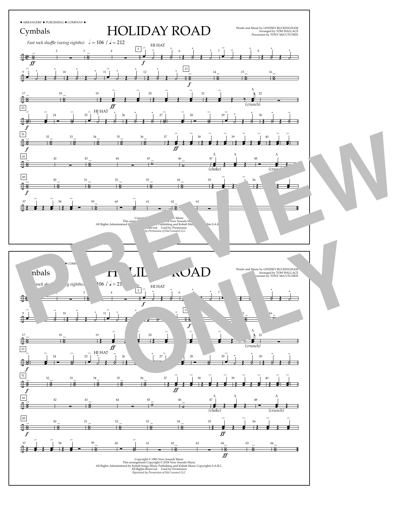Download Lindsey Buckingham Holiday Road (from National Lampoon's Vacation) (arr. Tom Wallace) - Cymbals Sheet Music and learn how to play Marching Band PDF digital score in minutes