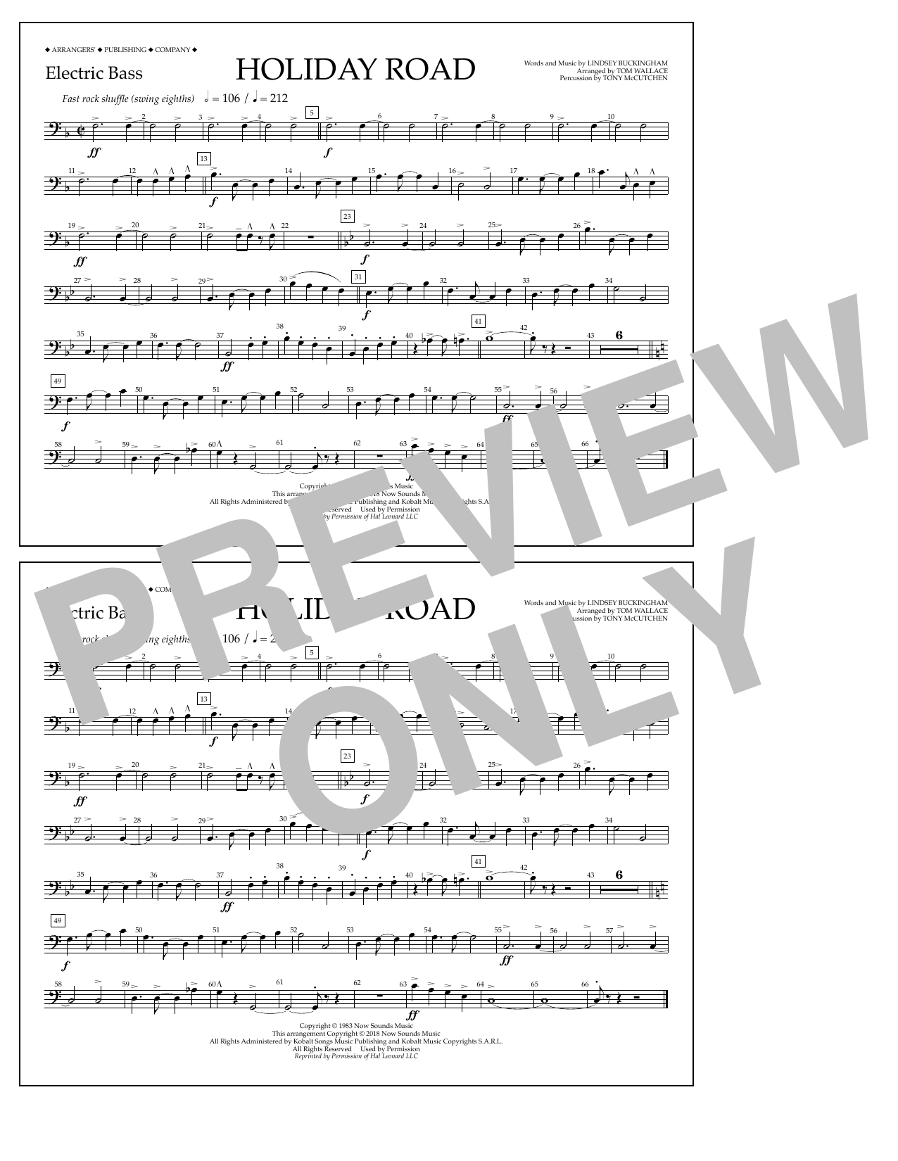 Download Lindsey Buckingham Holiday Road (from National Lampoon's Vacation) (arr. Tom Wallace) - Electric Ba Sheet Music and learn how to play Marching Band PDF digital score in minutes