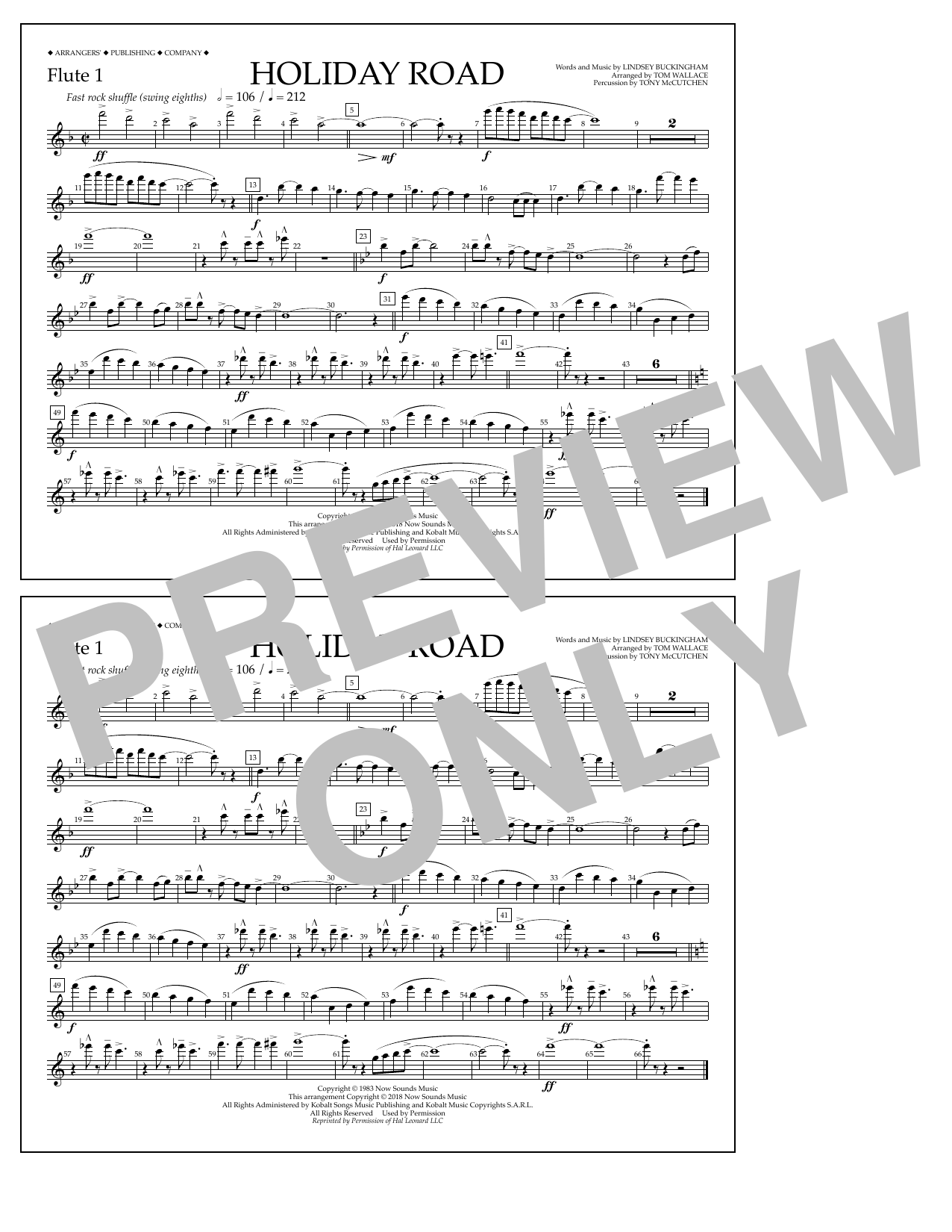 Download Lindsey Buckingham Holiday Road (from National Lampoon's Vacation) (arr. Tom Wallace) - Flute 1 Sheet Music and learn how to play Marching Band PDF digital score in minutes