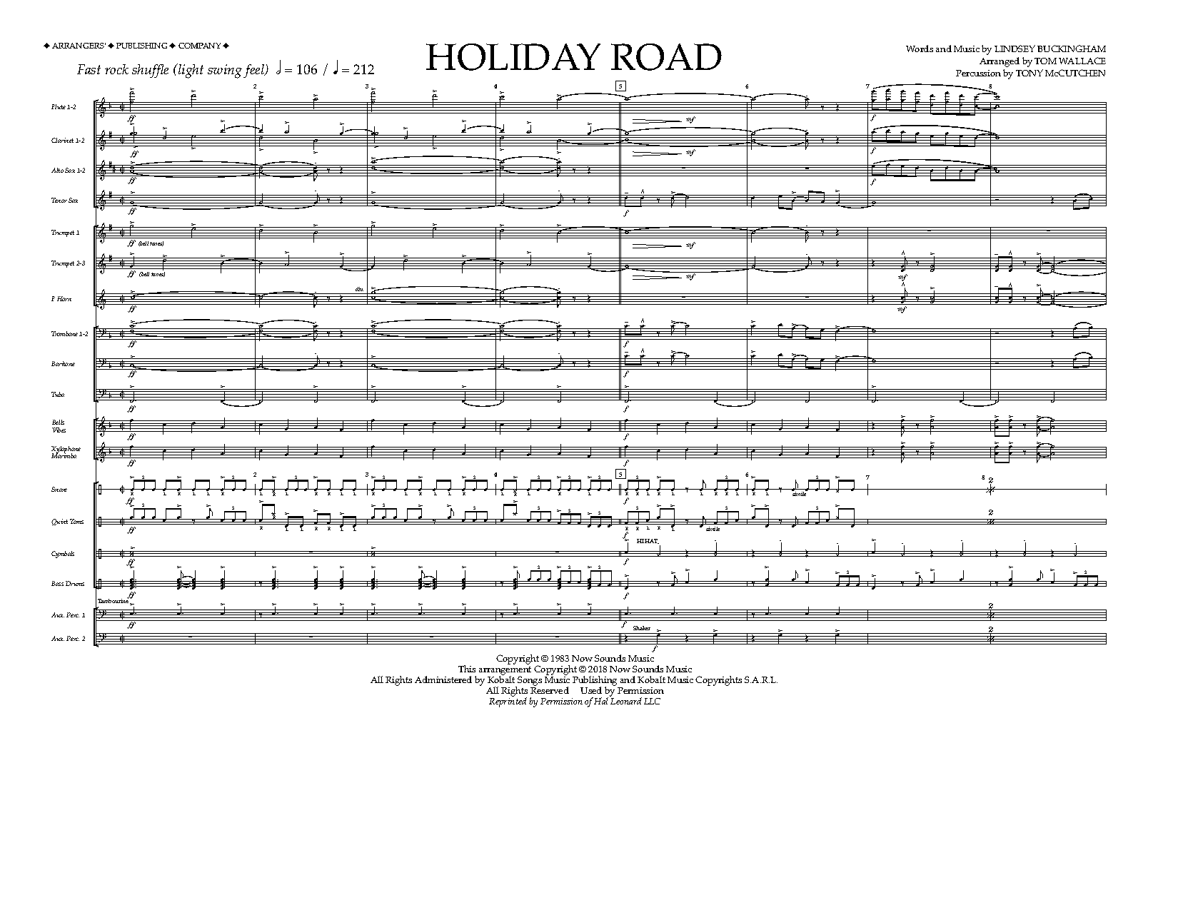 Download Lindsey Buckingham Holiday Road (from National Lampoon's Vacation) (arr. Tom Wallace) - Full Score Sheet Music and learn how to play Marching Band PDF digital score in minutes