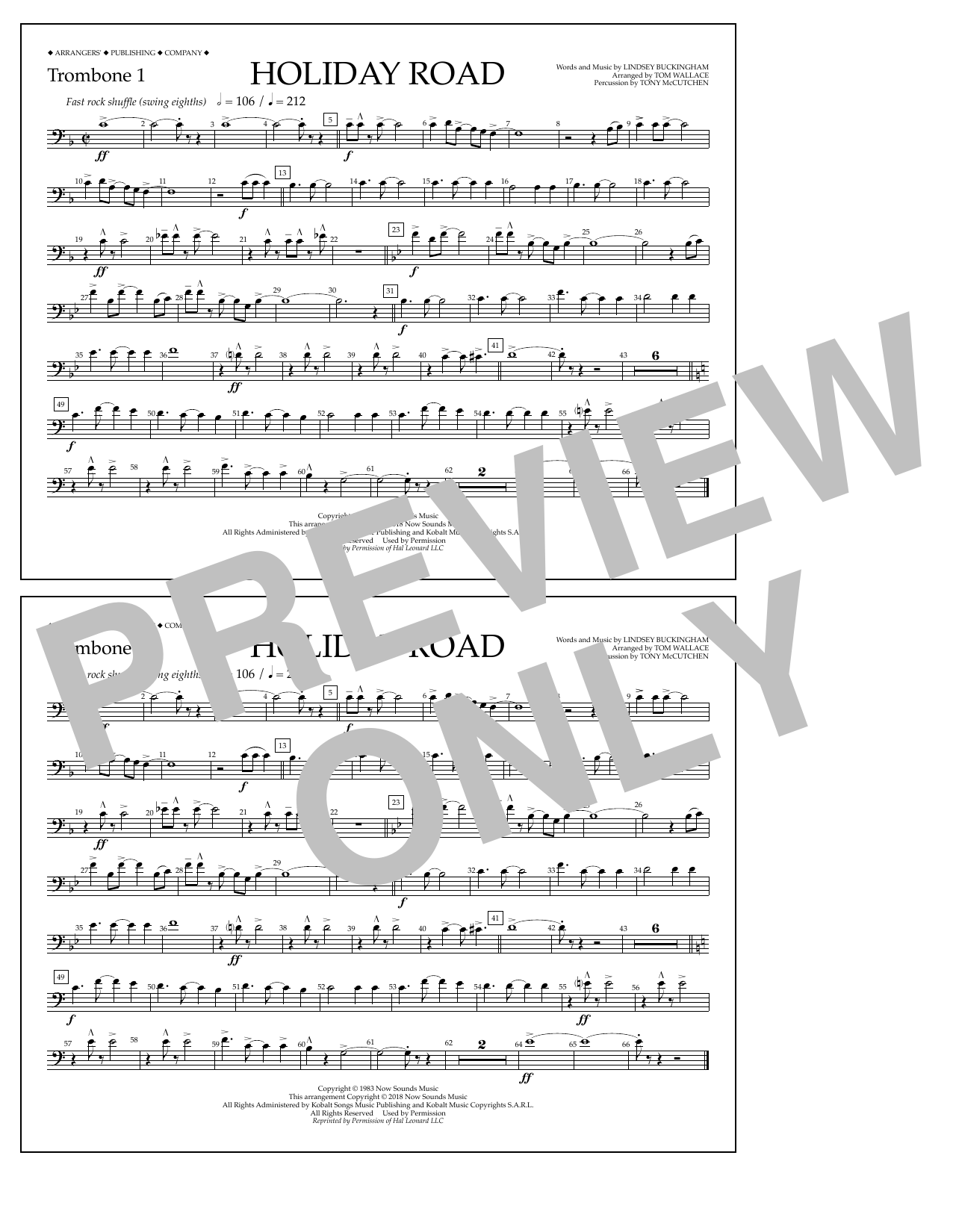 Download Lindsey Buckingham Holiday Road (from National Lampoon's Vacation) (arr. Tom Wallace) - Trombone 1 Sheet Music and learn how to play Marching Band PDF digital score in minutes