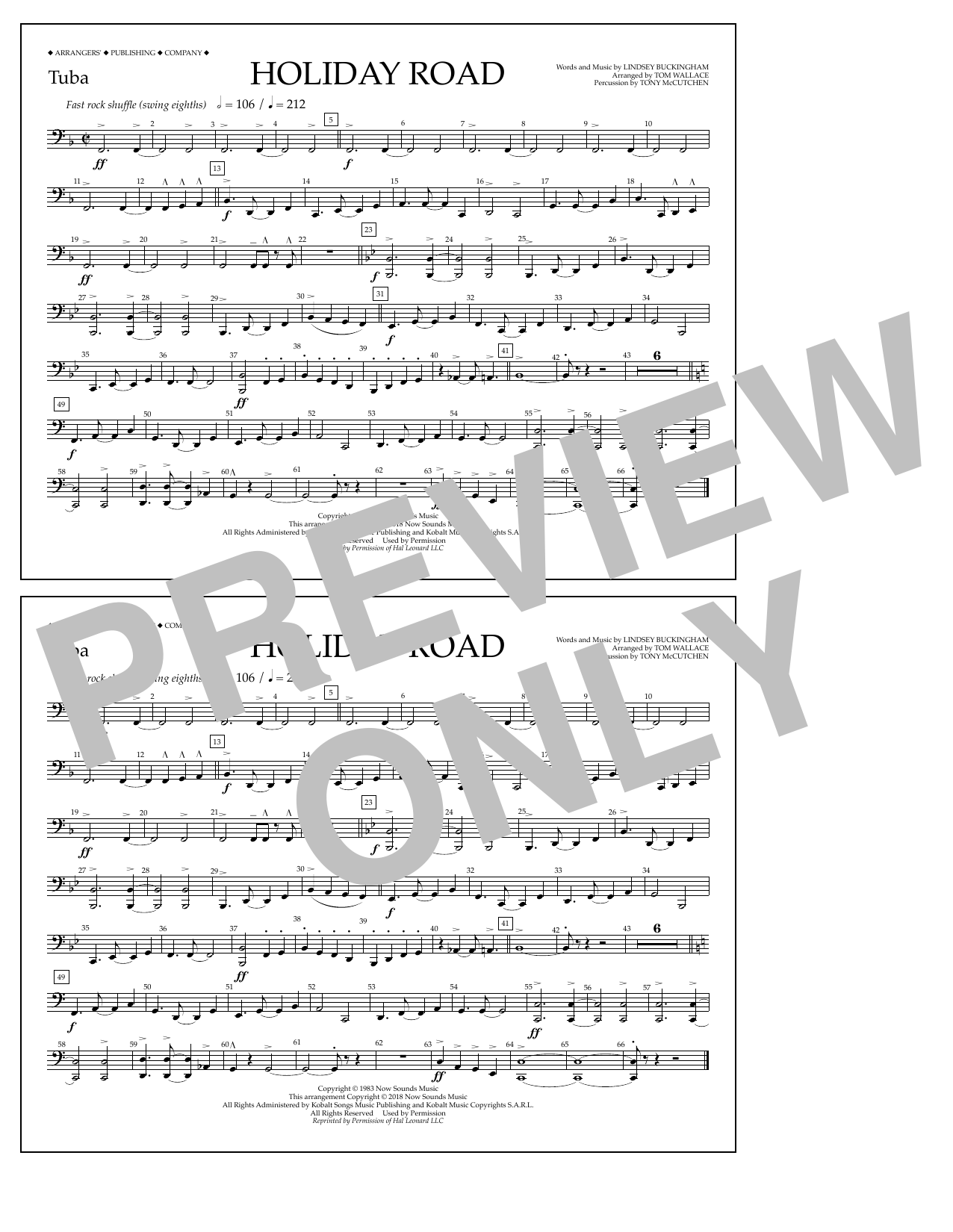 Download Lindsey Buckingham Holiday Road (from National Lampoon's Vacation) (arr. Tom Wallace) - Tuba Sheet Music and learn how to play Marching Band PDF digital score in minutes