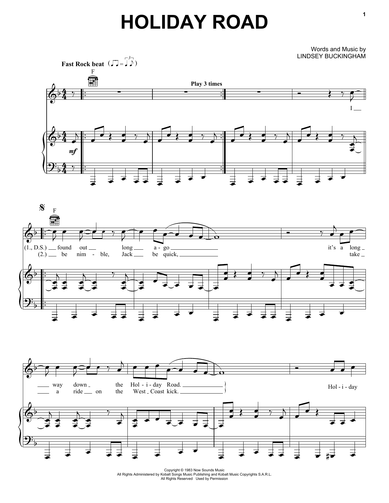 Download Lindsey Buckingham Holiday Road Sheet Music and learn how to play Piano, Vocal & Guitar (Right-Hand Melody) PDF digital score in minutes
